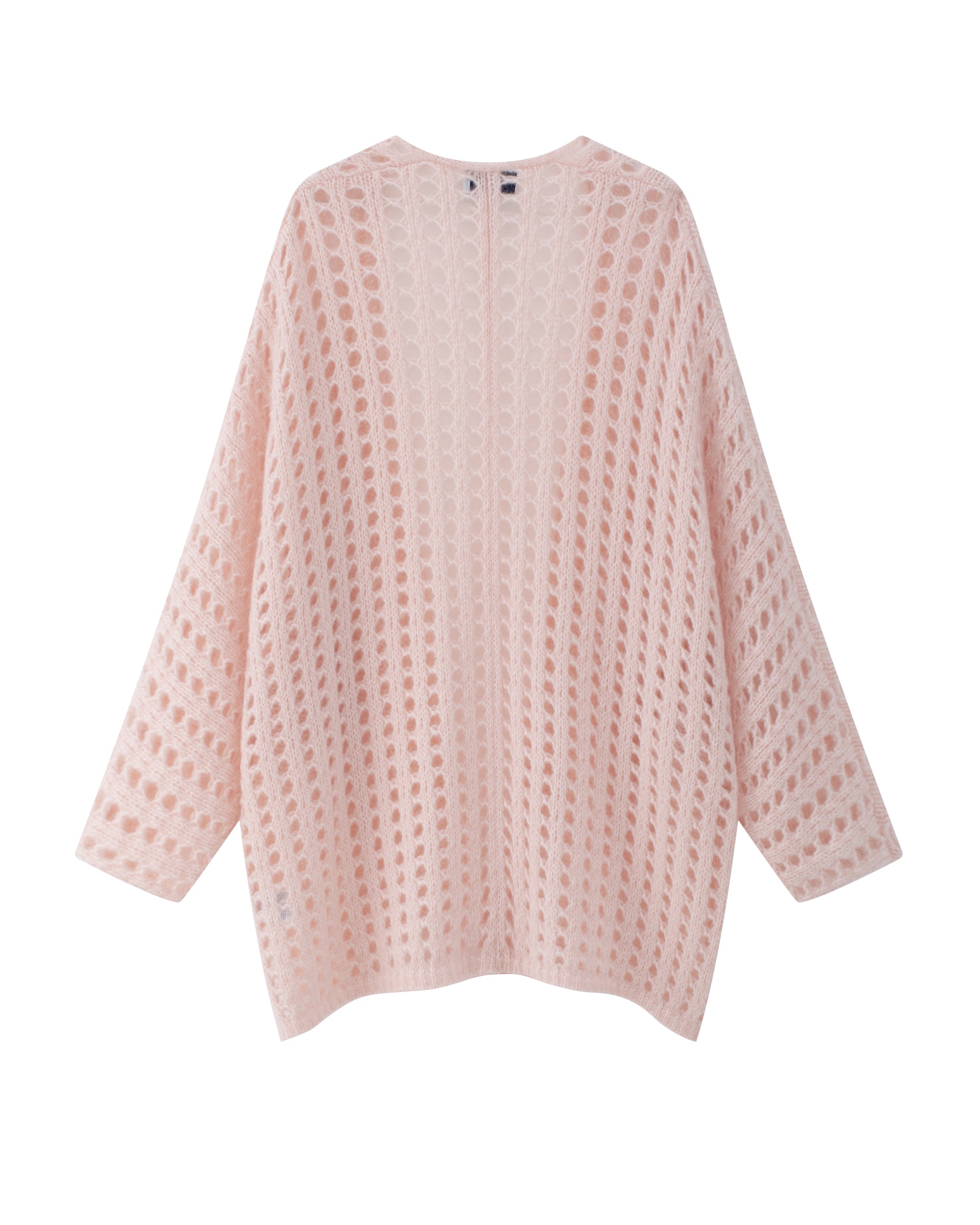 Damen Cardigan in cherry blossom (rosa) aus Kaschmir-Seide – grob gestrickt mit Lochmuster, oversized Passform und langen, weiten Ärmeln