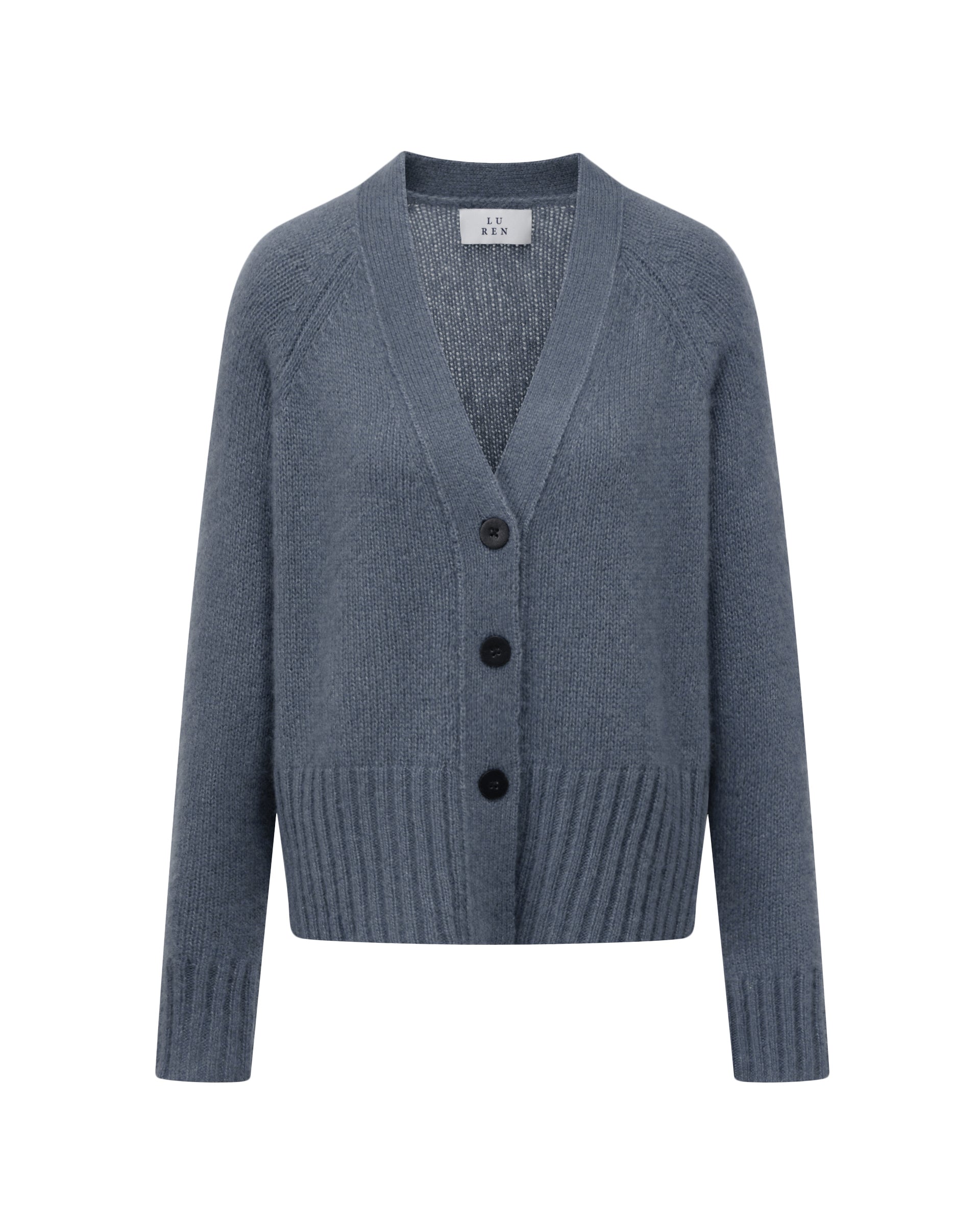 Damen Cardigan in storm (graublau) aus Kaschmir-Seide – mittelschwerer, glatt gestrickter Stoff, oversized kurze Form, Raglanärmel, lange relaxte Ärmel, Rippbündchen an Saum und Ärmeln sowie Knöpfe aus waschbarem Leder.