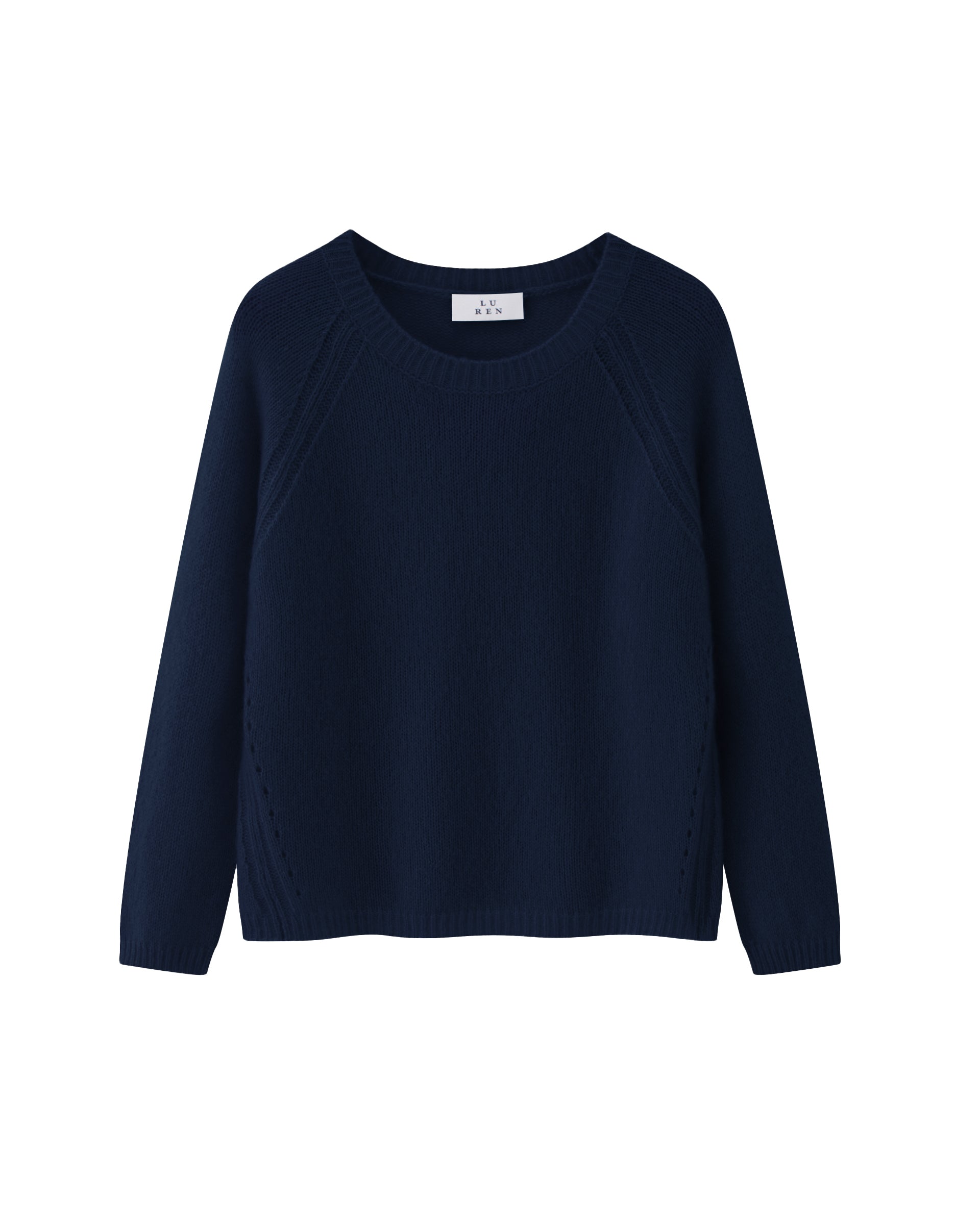 Damen Pullover in French Navy (dunkelblau) aus Kaschmir-Seide – leicht gestrickter Rundhalspullover mit relaxter Passform und langen, schmalen Ärmeln