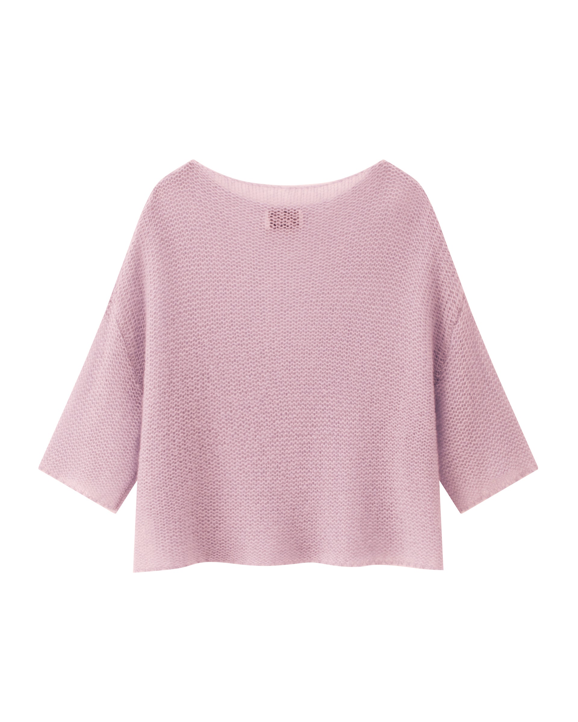 Damen Kurzarm Pullover in light raspberry (rosa) aus 75% Kaschmir, 25% Seide auf Links gestrickt, Leichte luftige 
Oversized Passform. 