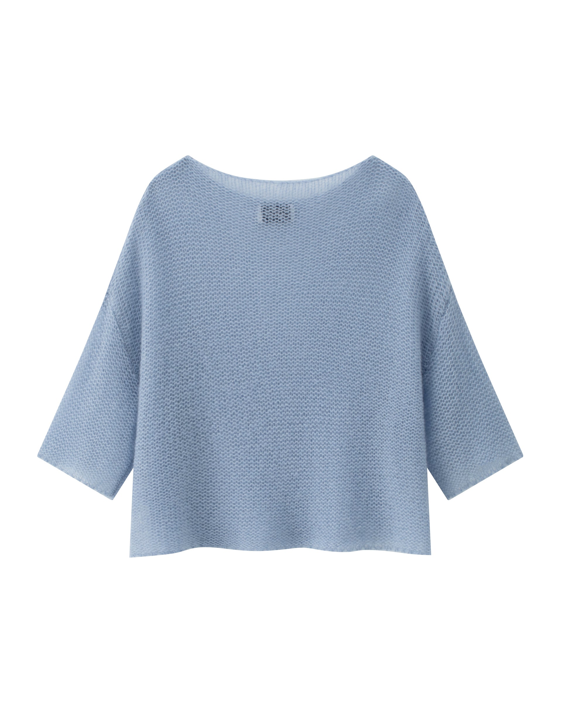 Damen Kurzarm Pullover in sky blue (hellblau) aus 75% Kaschmir, 25% Seide auf Links gestrickt, Leichte luftige 
Oversized Passform. 