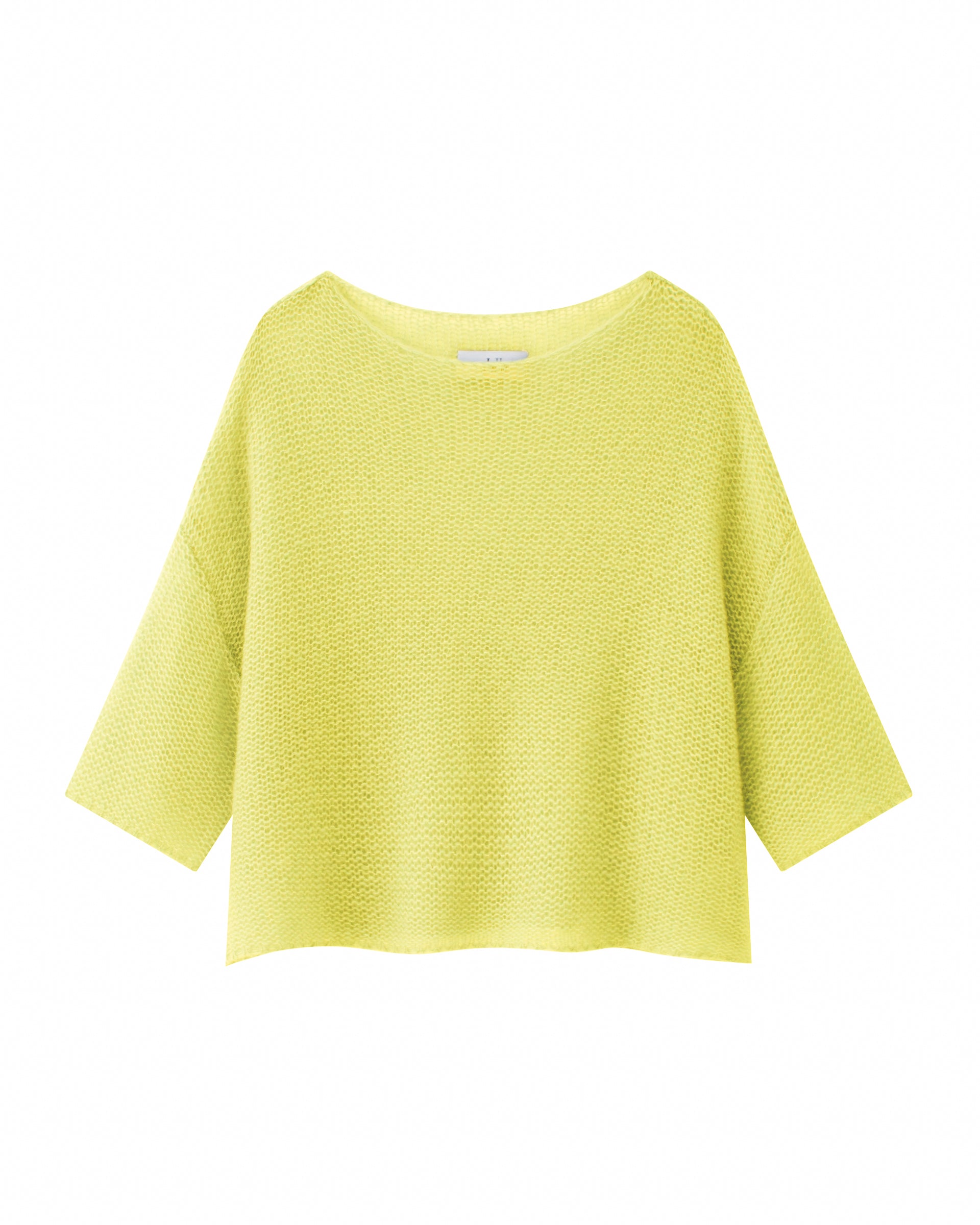 Damen Kurzarm Pullover in yellow jasper (gelb) aus 75% Kaschmir, 25% Seide
auf Links gestrickt, Leichte luftige 
Oversized Passform. 