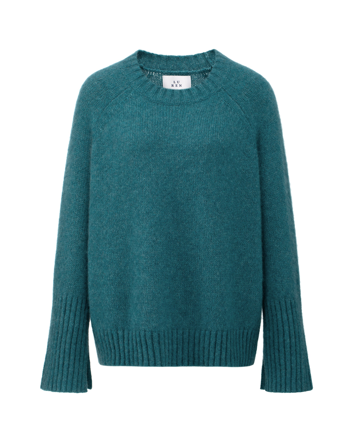 Damen Pullover aus 75 % Kaschmir und 25 % Seide in Dark Lake – glatt gestrickter Pullover in mittelschwerer Qualität mit kastiger, lockerer Passform, Rundhalsausschnitt mit Kragen in Rippstruktur, Raglanärmeln sowie langen, geraden Ärmeln mit Schlitz am Bündchen. Ärmelbündchen und Saum sind in Rippstruktur gearbeitet und verleihen dem Modell einen modernen, entspannten Look.