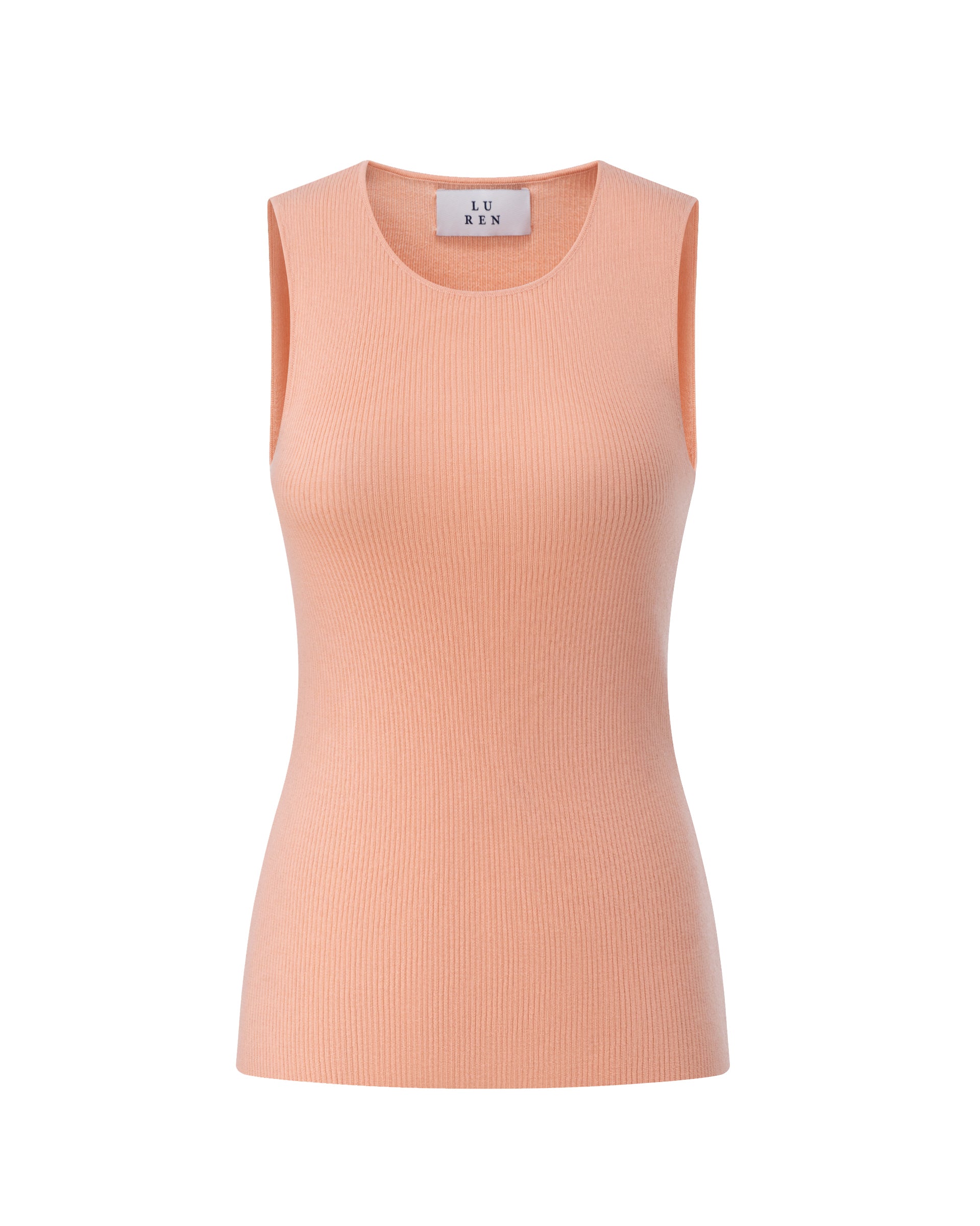 Damen Top in orange blush (pfirsich) aus 100 % Extra Fine Merino – feiner Rippstrick, sehr elastisch, figurbetonter Schnitt, Rundhalsausschnitt und klassische Schulterform