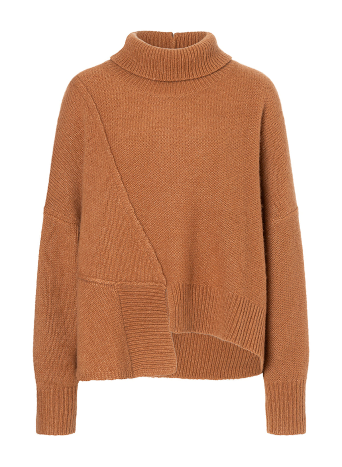 Damen Pullover aus 75% Kaschmir, 25% Seide in Golden Tan – Locker fallender Pullover mit asymmetrischem Schnitt, überschrittenen Schultern, Stehkragen und langen, schmalen Ärmeln mit Rippstruktur-Ärmelbündchen.