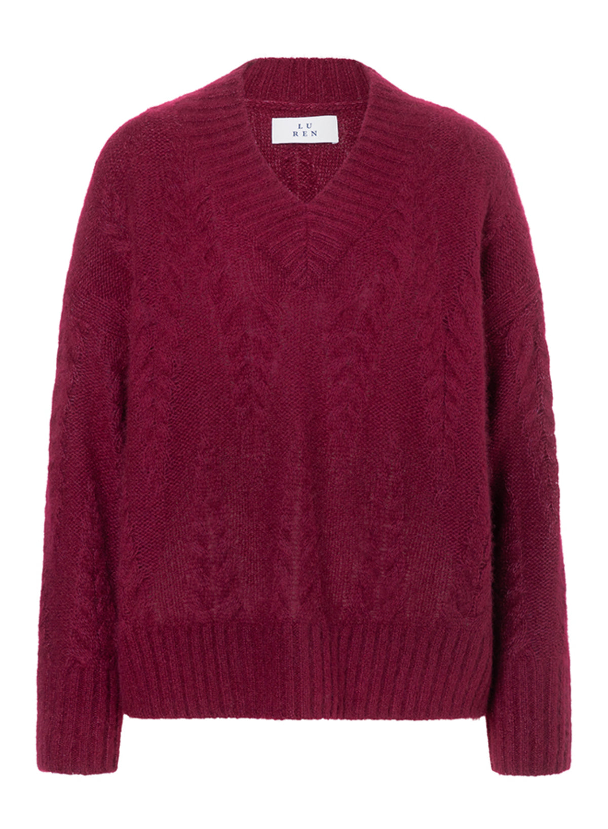 Damen Pullover aus 75% Kaschmir, 25% Seide in Burgundy – Locker fallender Pullover mit V-Ausschnitt, überschnittenen Schultern, langen, schmalen Ärmeln sowie Ärmelbündchen und Saum mit Rippstruktur.