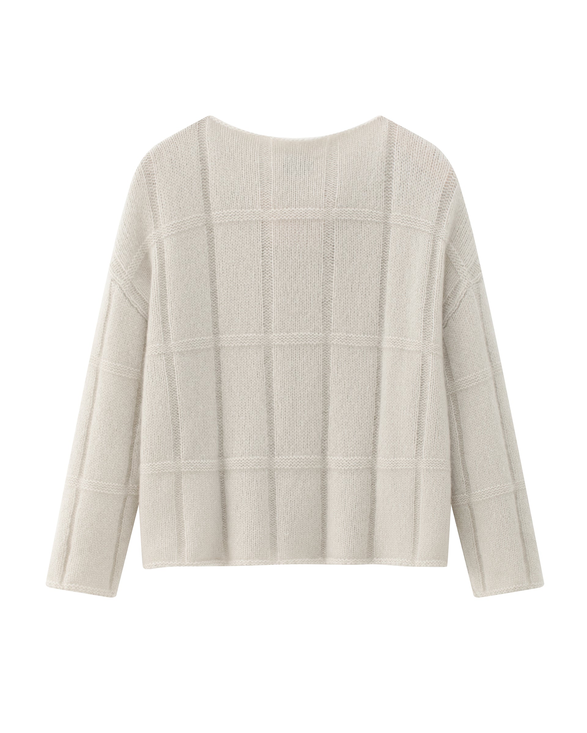 Damen Pullover in royal silver (grau) aus Kaschmir-Seide – mittelschwerer Strick mit grafischem Karomuster, oversized Passform, U-Boot-Ausschnitt, überschnittene Schultern und lange, weite Ärmel.