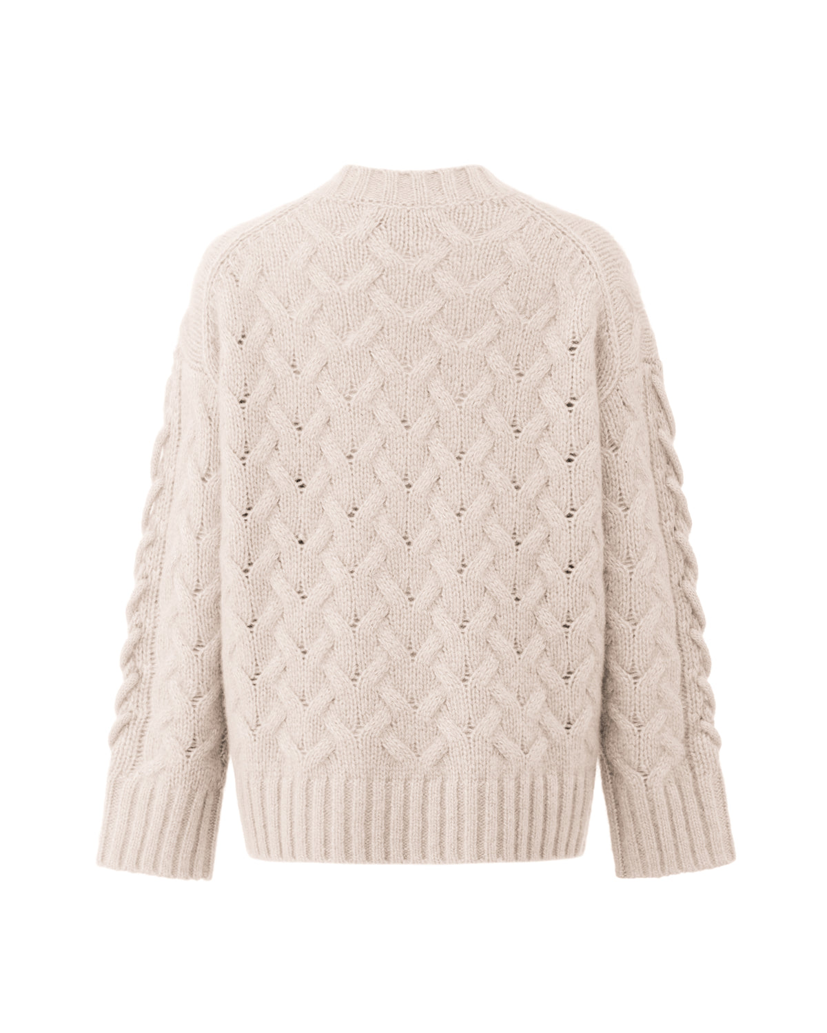 Damen Pullover aus 75 % Kaschmir und 25 % Seide in Wheat – Pullover mit Zopfstrickmuster und zusätzlich applizierten 3D-Zöpfen in grober Strickqualität mit relaxter Passform, Rundhalsausschnitt mit Kragen in Rippstruktur, überschnittener Schulter sowie langen, relaxten Ärmeln. Ärmelbündchen und Saum sind in Rippstruktur gearbeitet und unterstreichen den markanten, handwerklichen Charakter des Designs.
