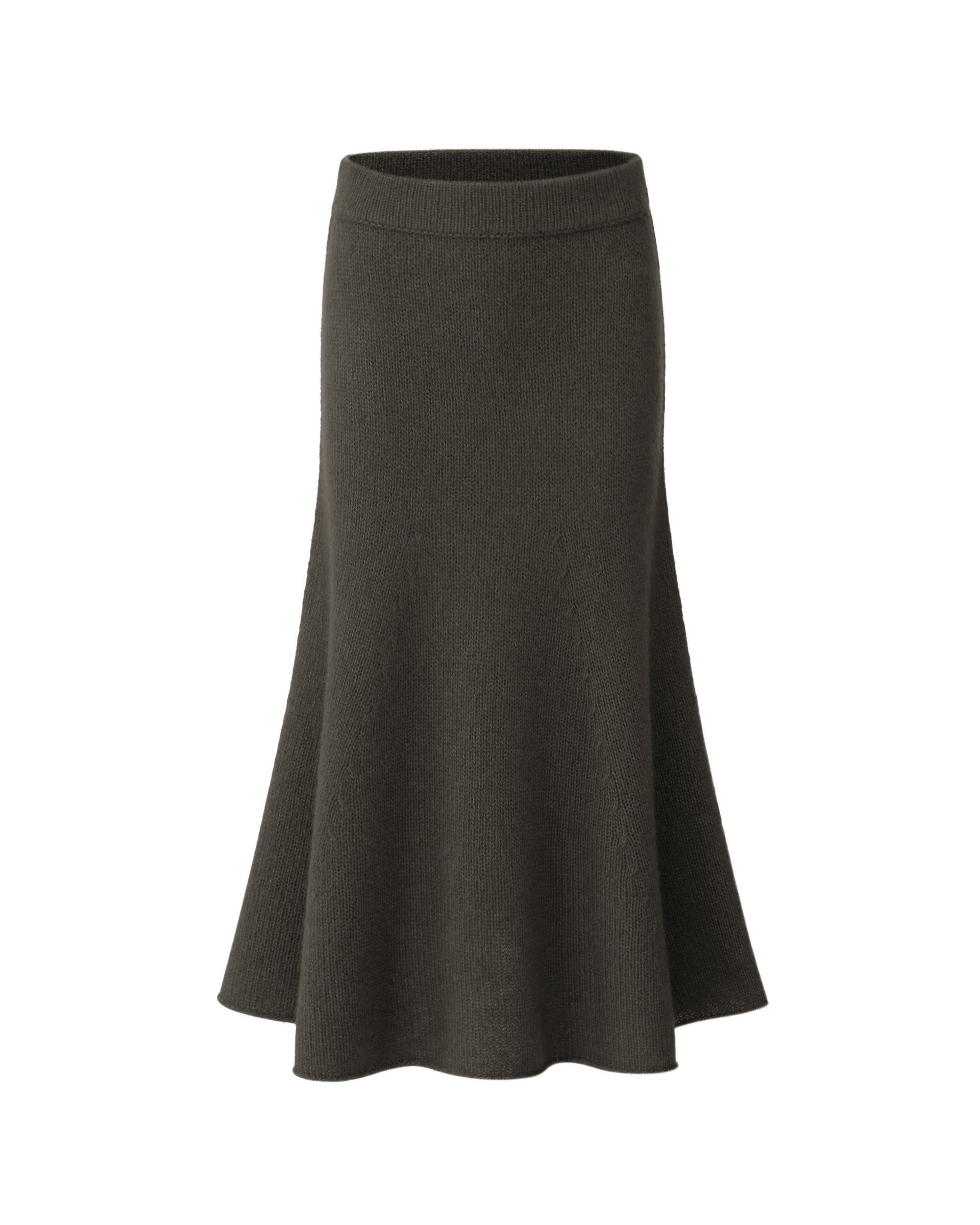 Damen Strickrock aus 75 % Kaschmir und 25 % Seide in Black Forest – glatt gestrickter Rock in grober Strickqualität mit figurbetonter A-Linie und Midi-Länge. Das Modell verfügt über einen Taillenbund mit Gummizug und verbindet eine feminine Silhouette mit hohem Tragekomfort.
