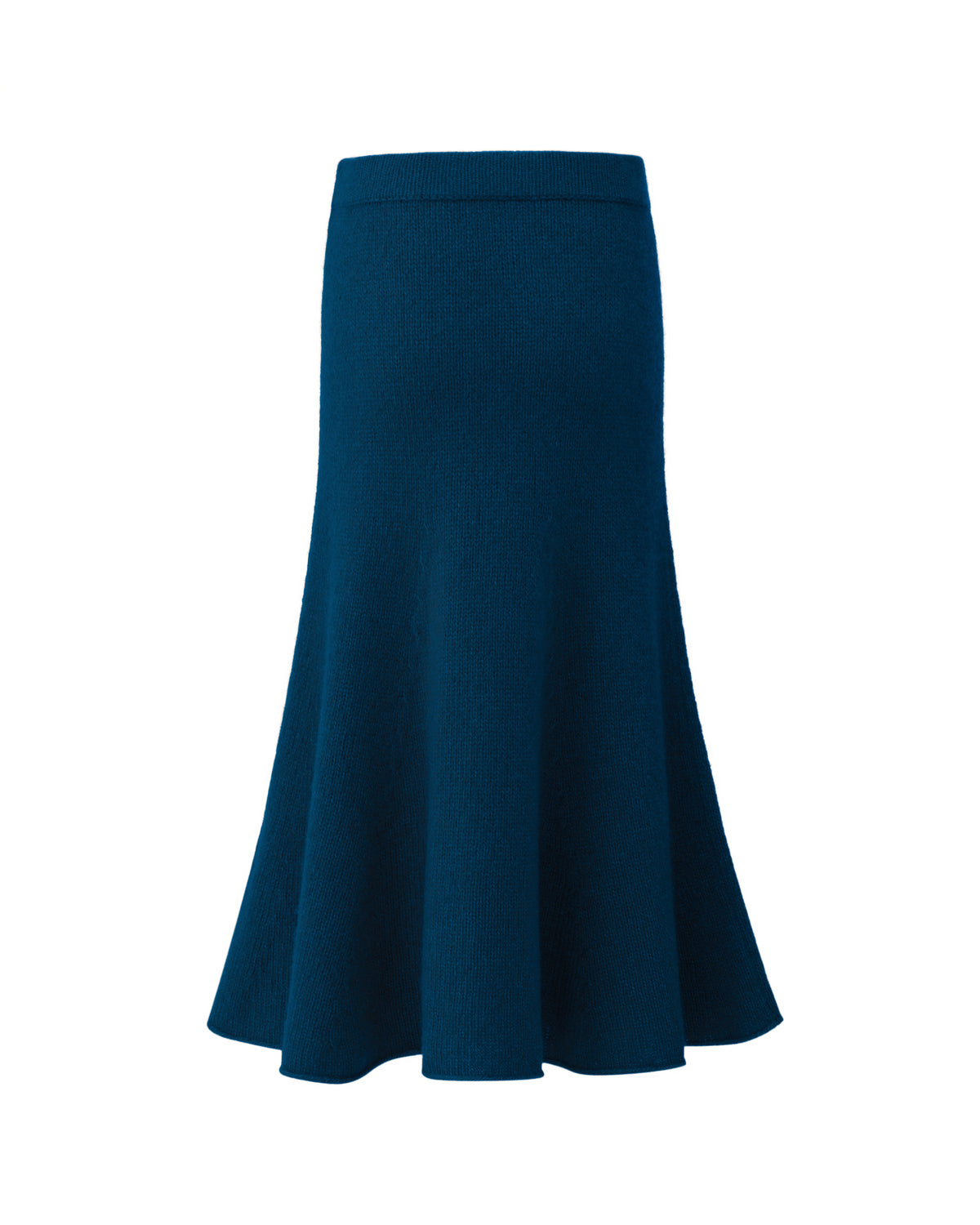 Damen Strickrock aus 75 % Kaschmir und 25 % Seide in Midnight Teal – glatt gestrickter Rock in grober Strickqualität mit figurbetonter A-Linie und Midi-Länge. Das Modell verfügt über einen Taillenbund mit Gummizug und verbindet eine feminine Silhouette mit hohem Tragekomfort.
