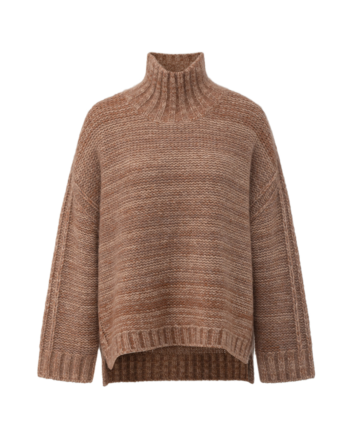 Damen Pullover aus 75 % Kaschmir und 25 % Seide in Chital – grob gestrickter Pullover aus Mouliné-Garn in oversized Passform mit links gestrickter Optik, Rollkragen in Rippstruktur, überschnittener Schulter sowie langen, relaxten Ärmeln. Rippstrukturen an den Seitennähten, Schultern und Ärmeln sowie Ärmelbündchen und Saum in Rippstruktur verleihen dem Modell eine besondere Textur. Das längere Rückenteil und die Schlitze an den Seitennähten sorgen für eine moderne, lässige Silhouette.