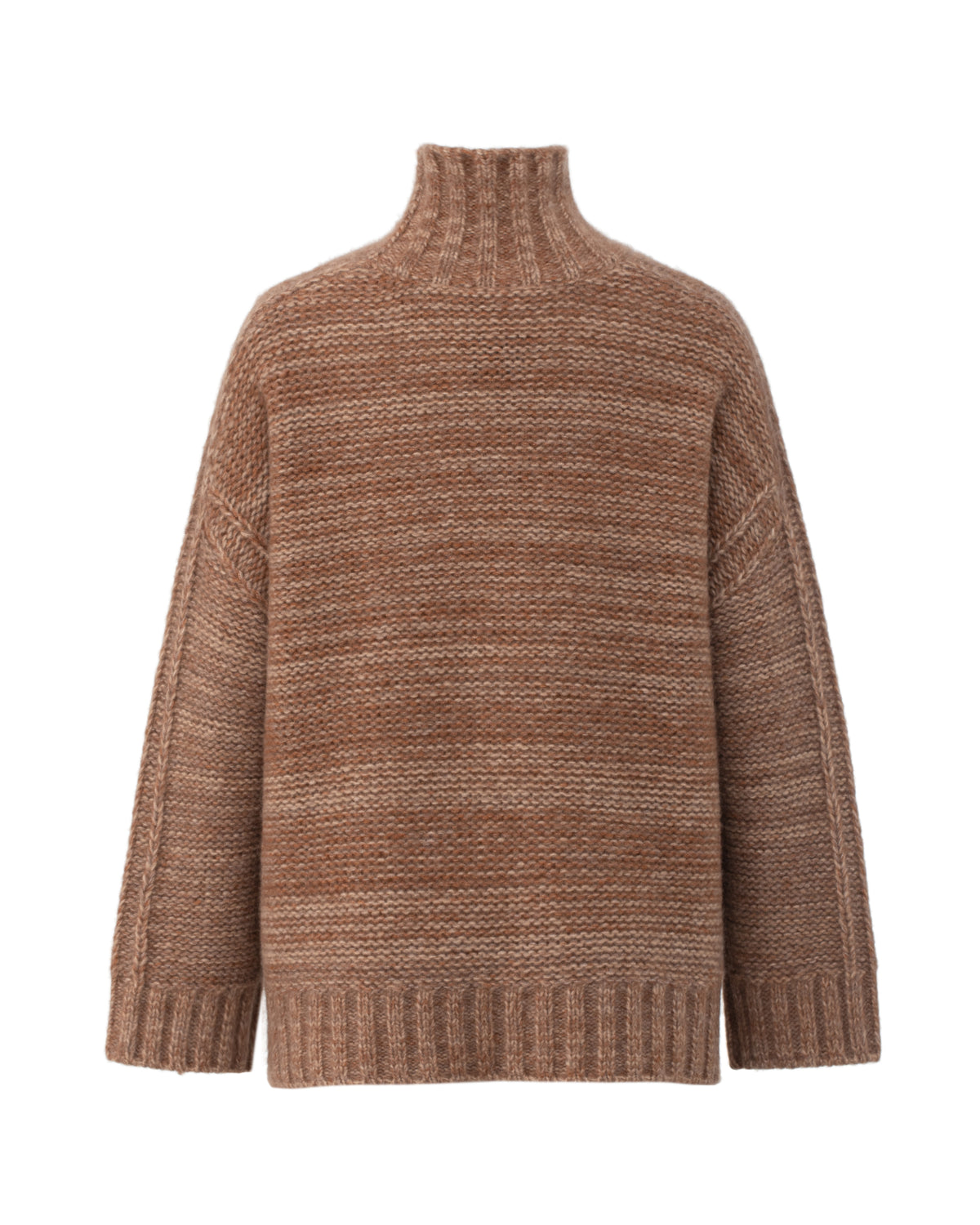 Damen Pullover aus 75 % Kaschmir und 25 % Seide in Chital – grob gestrickter Pullover aus Mouliné-Garn in oversized Passform mit links gestrickter Optik, Rollkragen in Rippstruktur, überschnittener Schulter sowie langen, relaxten Ärmeln. Rippstrukturen an den Seitennähten, Schultern und Ärmeln sowie Ärmelbündchen und Saum in Rippstruktur verleihen dem Modell eine besondere Textur. Das längere Rückenteil und die Schlitze an den Seitennähten sorgen für eine moderne, lässige Silhouette.