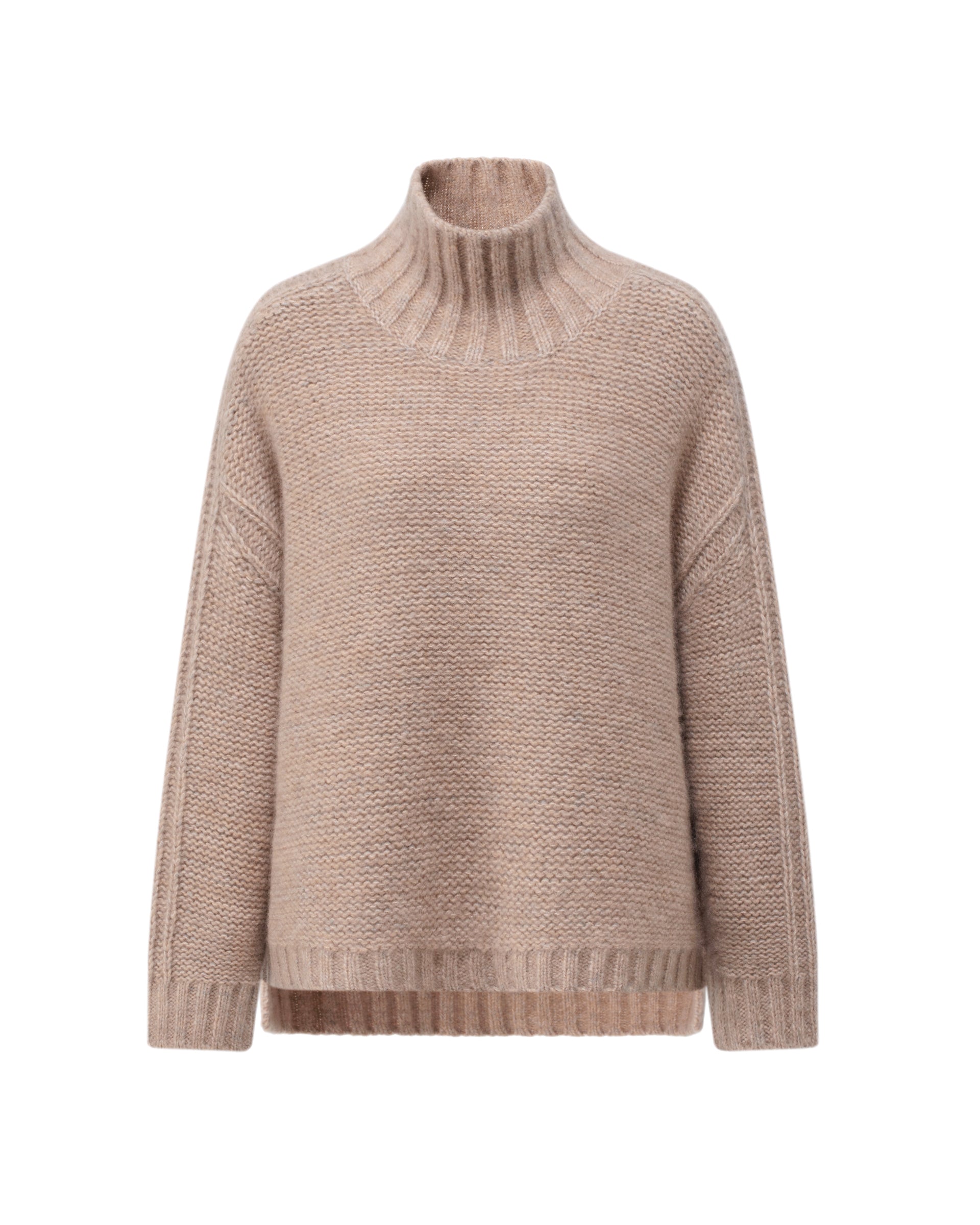 Damen Pullover aus 75 % Kaschmir und 25 % Seide in Misty Beige – grob gestrickter Pullover aus Mouliné-Garn in oversized Passform mit links gestrickter Optik, Rollkragen in Rippstruktur, überschnittener Schulter sowie langen, relaxten Ärmeln. Rippstrukturen an den Seitennähten, Schultern und Ärmeln sowie Ärmelbündchen und Saum in Rippstruktur verleihen dem Modell eine besondere Textur. Das längere Rückenteil und die Schlitze an den Seitennähten sorgen für eine moderne, lässige Silhouette.