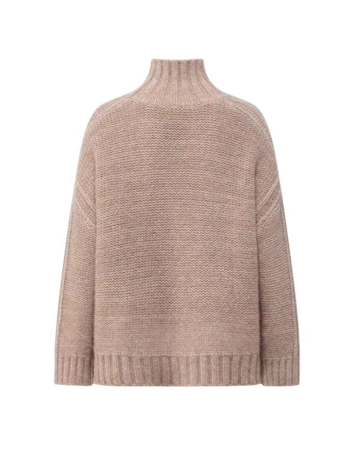 Damen Pullover aus 75 % Kaschmir und 25 % Seide in Misty Beige – grob gestrickter Pullover aus Mouliné-Garn in oversized Passform mit links gestrickter Optik, Rollkragen in Rippstruktur, überschnittener Schulter sowie langen, relaxten Ärmeln. Rippstrukturen an den Seitennähten, Schultern und Ärmeln sowie Ärmelbündchen und Saum in Rippstruktur verleihen dem Modell eine besondere Textur. Das längere Rückenteil und die Schlitze an den Seitennähten sorgen für eine moderne, lässige Silhouette.