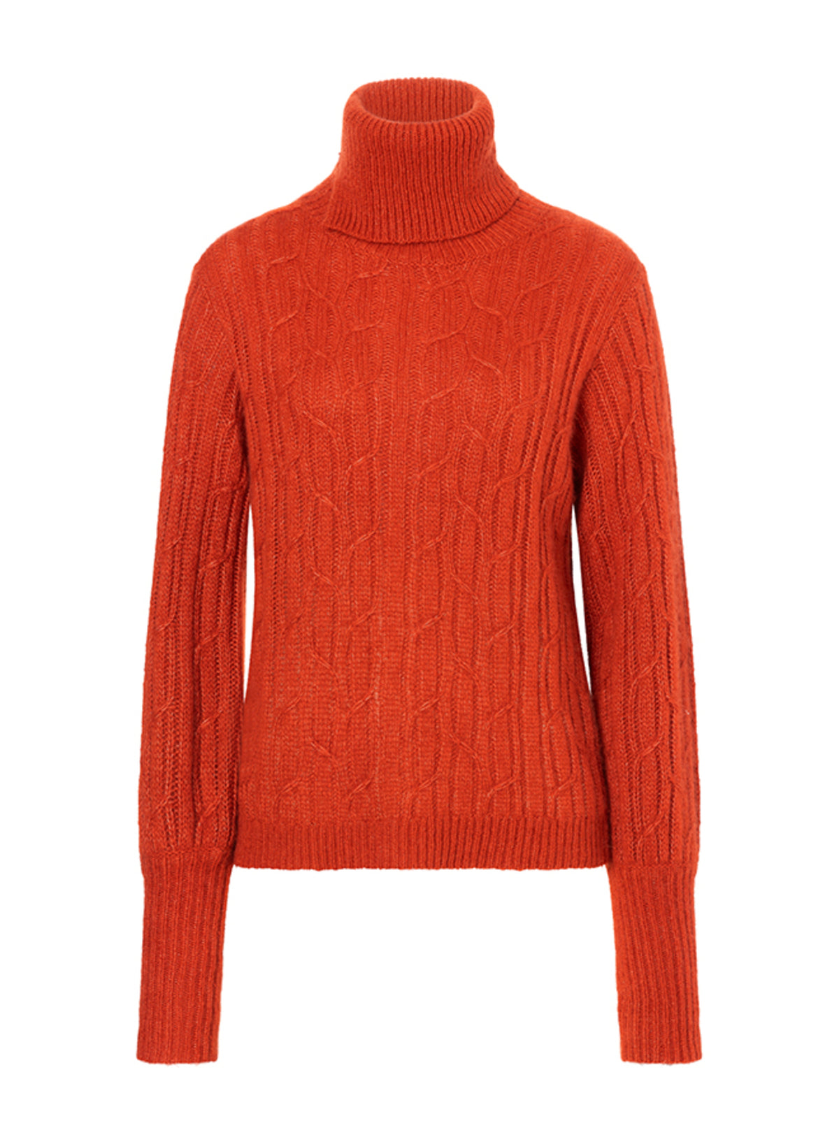 Damen Pullover aus 75% Kaschmir, 25% Seide in Vermillion – Pullover mit grafischem Zopfstrickmuster, Rollkragen, langen, geraden Ärmeln sowie Ärmelbündchen und Saumabschluss in Rippstruktur.