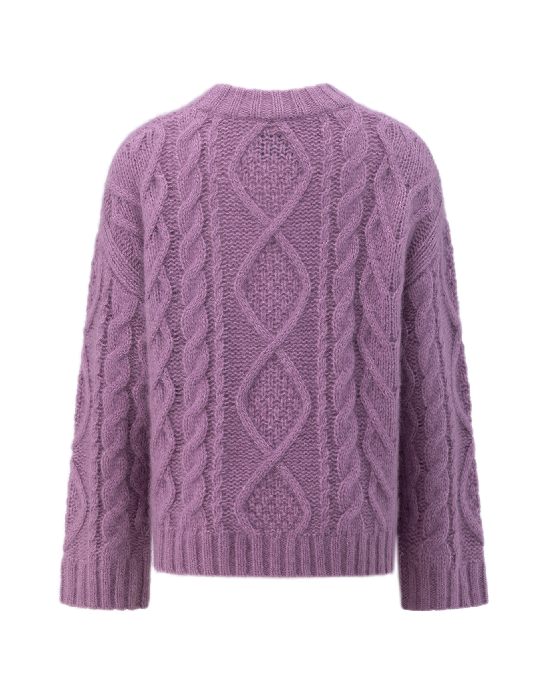 Damen Pullover aus 75 % Kaschmir und 25 % Seide in Lilac Mist – Pullover mit klassischem Zopfmuster in grober Strickqualität und kastiger, lockerer Passform. Der doppelte, breite Kragen in Rippstruktur verleiht dem Modell eine markante Optik, während überschnittene Schultern, lange, relaxte Ärmel sowie Bündchen und Saum in Rippstruktur den lässigen Look unterstreichen.