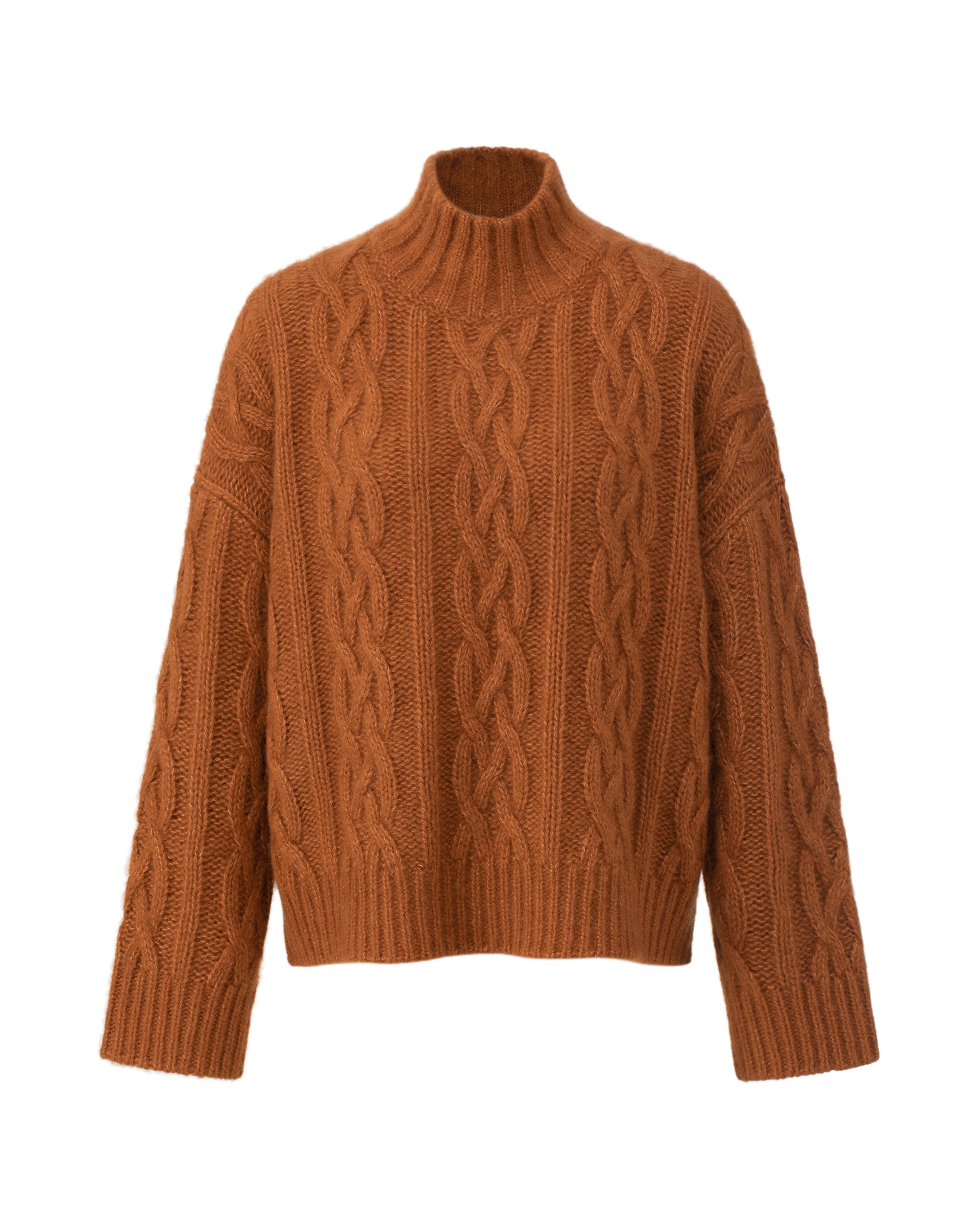 Damen Pullover aus 75 % Kaschmir und 25 % Seide in Bronze – Pullover mit Zopfmuster in grober Strickqualität und oversized Passform, Stehkragen in Rippstruktur, überschnittener Schulter sowie langen, relaxten Ärmeln. Ärmelbündchen und Saum sind in Rippstruktur gearbeitet und verleihen dem Modell einen markanten, zeitlosen Look.
