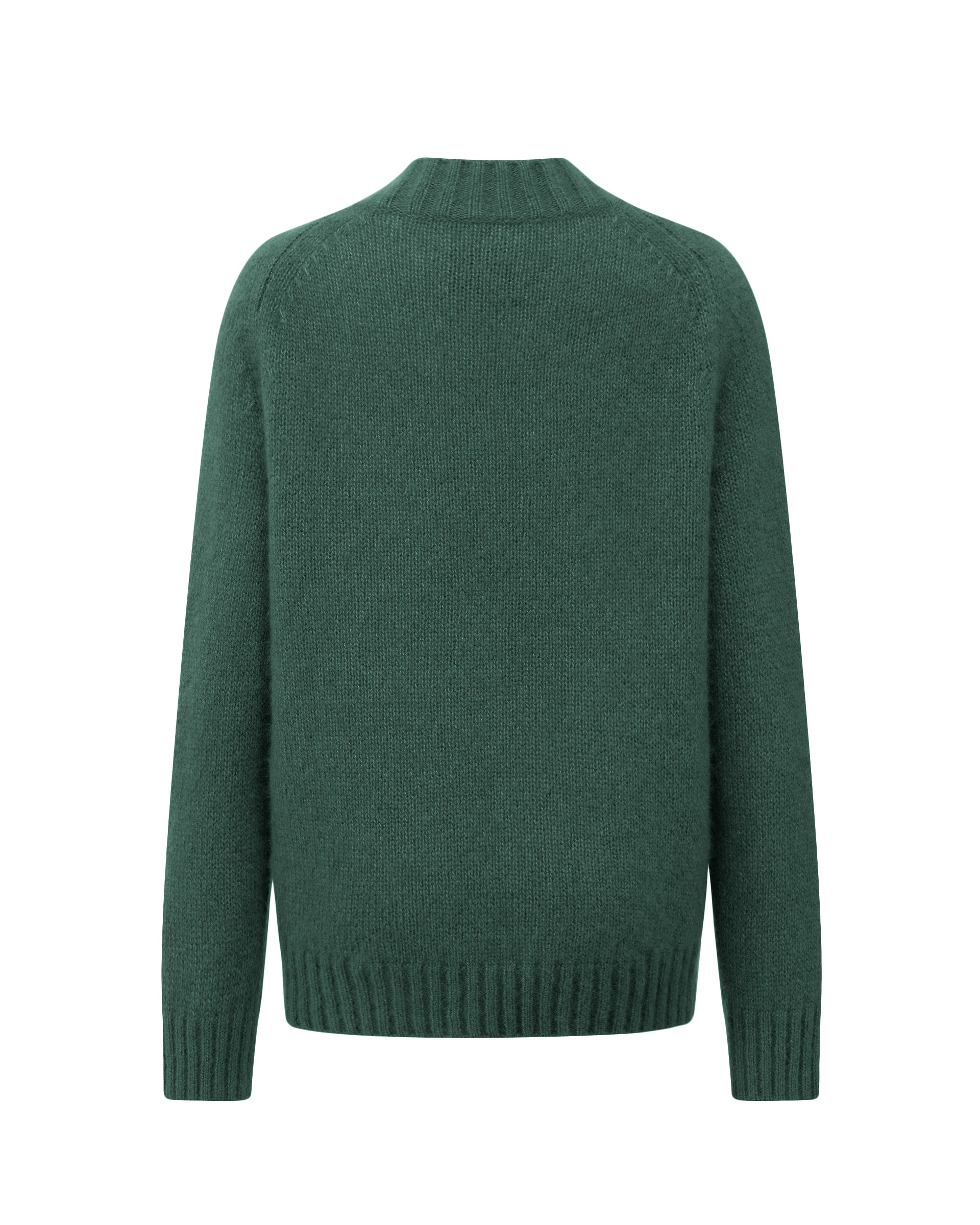 Damen Pullover aus 75 % Kaschmir und 25 % Seide in Emerald – glatt gestrickter Pullover in mittelschwerer Qualität mit lockerer Passform, V-Ausschnitt mit breitem Kragen in Rippstruktur, Sattelschulter sowie langen, schmalen Ärmeln. Ärmelbündchen und Saum sind in Rippstruktur gearbeitet, ein besonderes Design-Detail am Saum rundet das Modell ab.