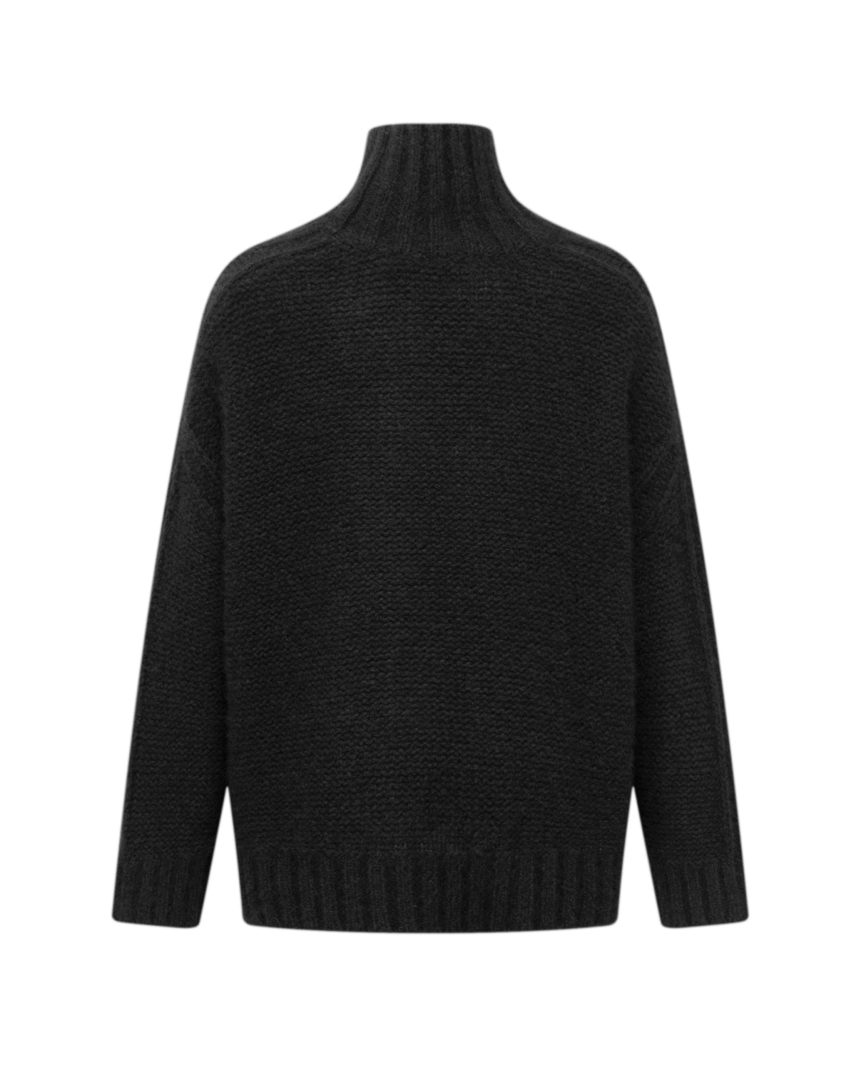 Damen Pullover aus 75 % Kaschmir und 25 % Seide in Black – links gestrickter Pullover in grober Strickqualität mit oversized Passform. Der Rollkragen in Rippstruktur, überschnittene Schultern und lange, relaxte Ärmel verleihen dem Modell eine lässige Silhouette. Rippstrukturen an Seitennähten, Schultern und Ärmeln setzen besondere Akzente, während das verlängerte Rückenteil und seitliche Schlitze den modernen Look abrunden.