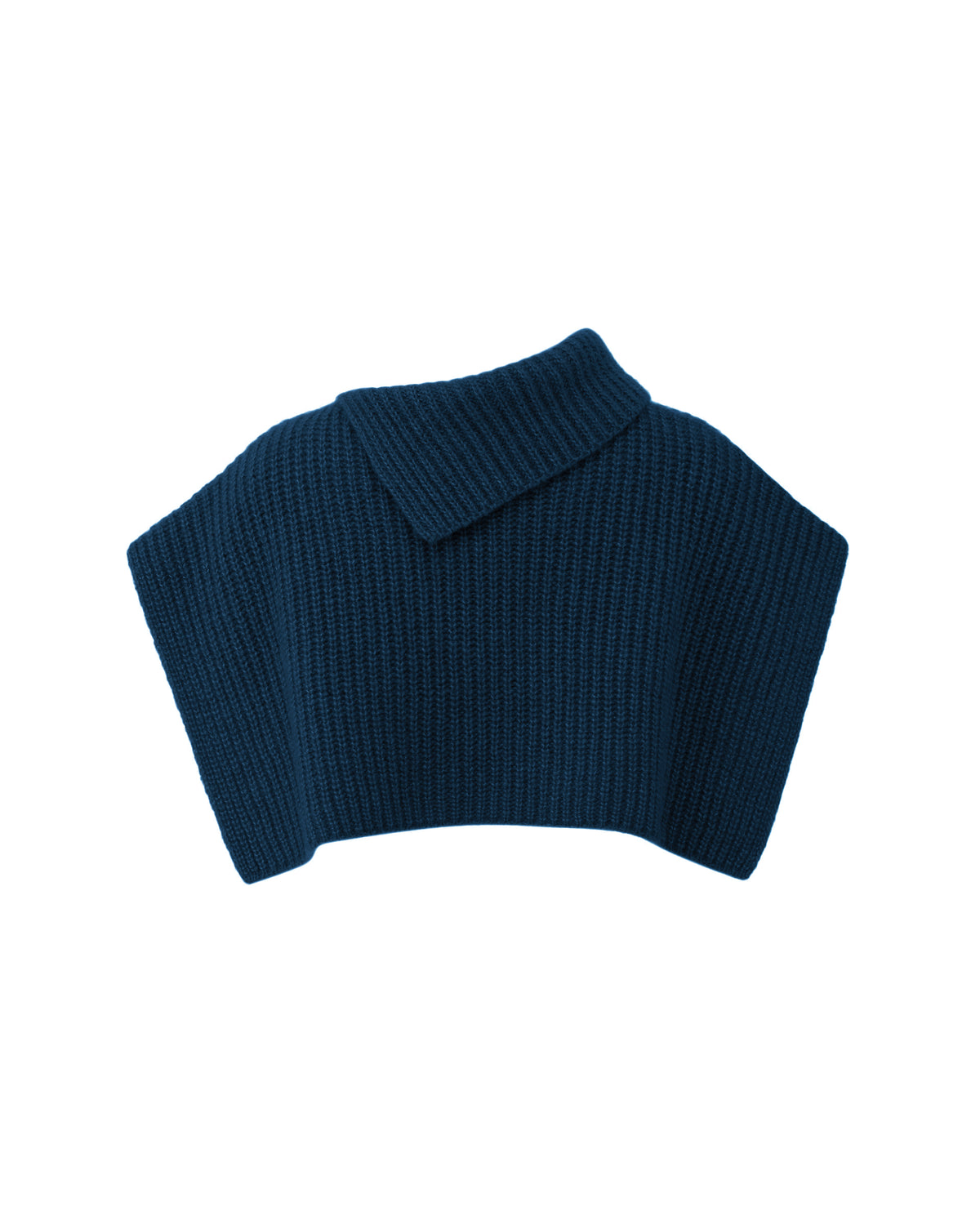 Damen Poncho aus 75% Kaschmir, 25% Seide in Midnight Teal – Ärmelloser Poncho in verkürzter Schnittform mit asymmetrisch geformtem, breitem, umgelegtem Rippstrickkragen und vertikaler Rippstrickstruktur.