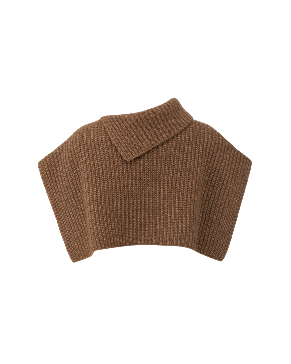 Damen Poncho aus 75% Kaschmir, 25% Seide in Vintage Cocoa – Ärmelloser Poncho in verkürzter Schnittform mit asymmetrisch geformtem, breitem, umgelegtem Rippstrickkragen und vertikaler Rippstrickstruktur.