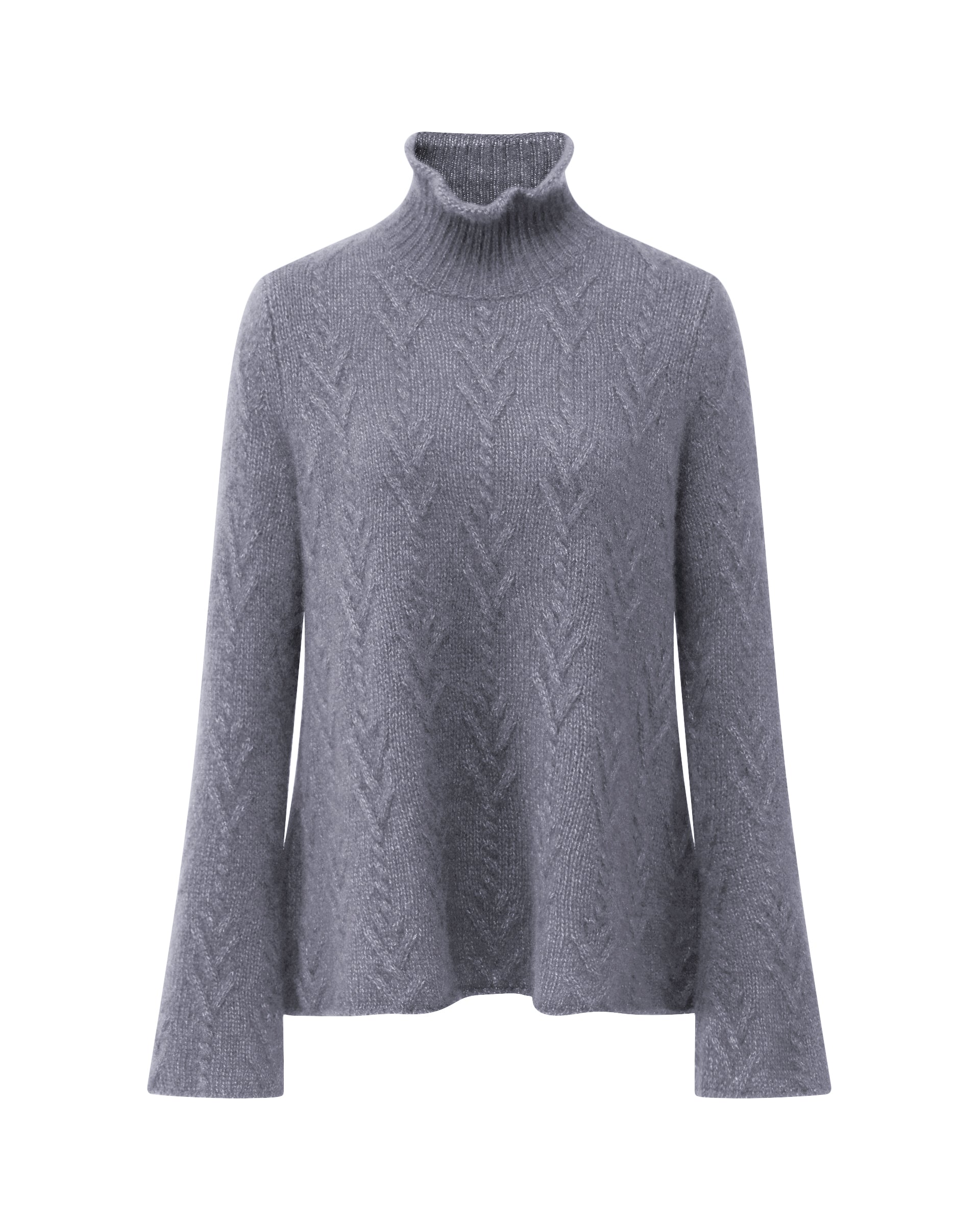 Damen Pullover aus 75 % Kaschmir und 25 % Seide in Blue Mirage – Pullover mit klassischem Zopfmuster in mittelschwerer Qualität und figurbetonter A-Linien-Silhouette. Der schmale, hohe Kragen mit Rollkante sowie die langen, ausgestellten Ärmel verleihen dem Modell eine feminine und elegante Ausstrahlung.