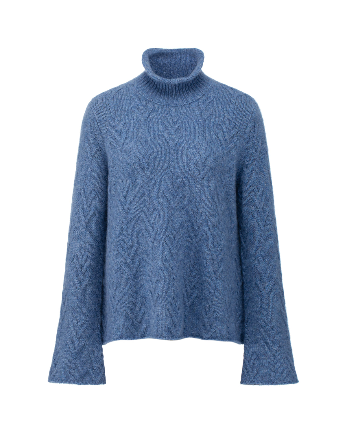 Damen Pullover aus 75 % Kaschmir und 25 % Seide in Denim – Pullover mit klassischem Zopfmuster in mittelschwerer Qualität und figurbetonter A-Linien-Silhouette. Der schmale, hohe Kragen mit Rollkante sowie die langen, ausgestellten Ärmel verleihen dem Modell eine feminine und elegante Ausstrahlung.