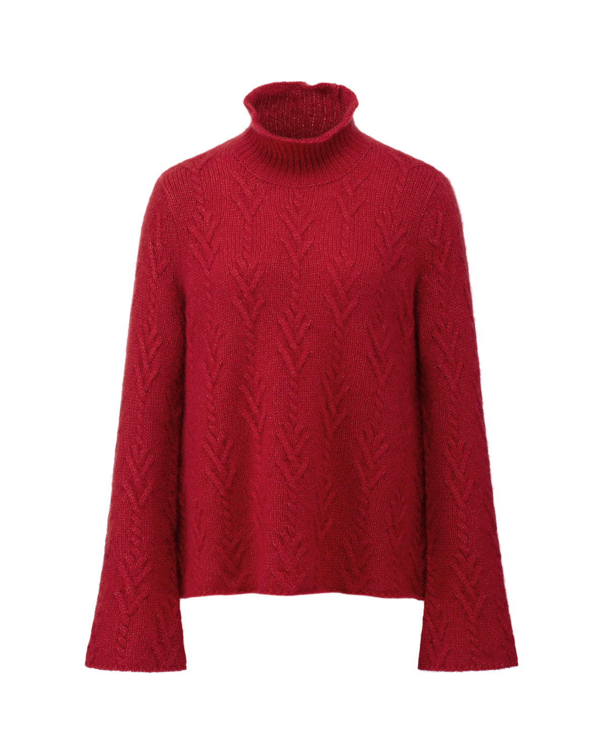 Damen Pullover aus 75 % Kaschmir und 25 % Seide in Royal Garnet – Pullover mit klassischem Zopfmuster in mittelschwerer Qualität und figurbetonter A-Linien-Silhouette. Der schmale, hohe Kragen mit Rollkante sowie die langen, ausgestellten Ärmel verleihen dem Modell eine feminine und elegante Ausstrahlung.