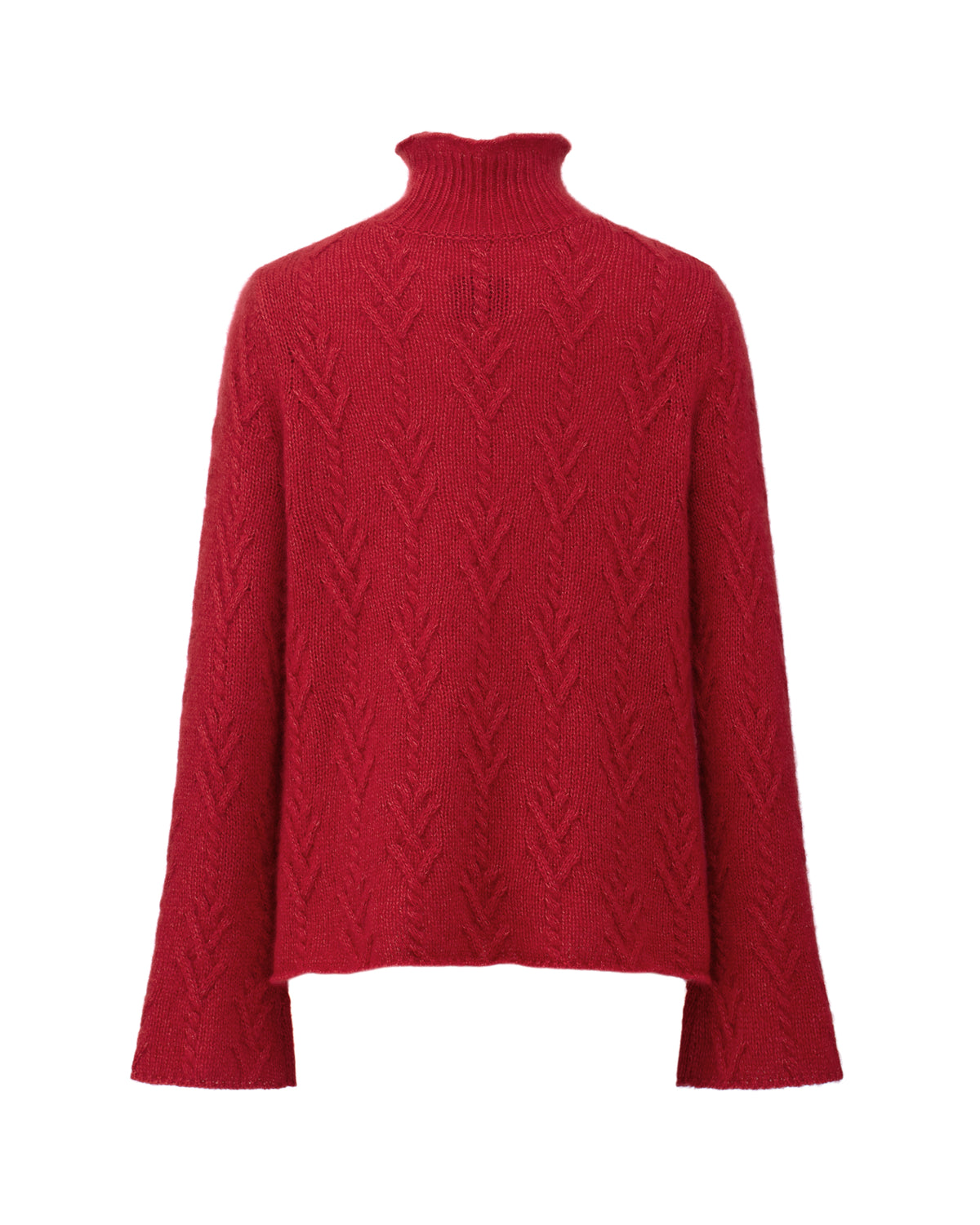 Damen Pullover aus 75 % Kaschmir und 25 % Seide in Royal Garnet – Pullover mit klassischem Zopfmuster in mittelschwerer Qualität und figurbetonter A-Linien-Silhouette. Der schmale, hohe Kragen mit Rollkante sowie die langen, ausgestellten Ärmel verleihen dem Modell eine feminine und elegante Ausstrahlung.