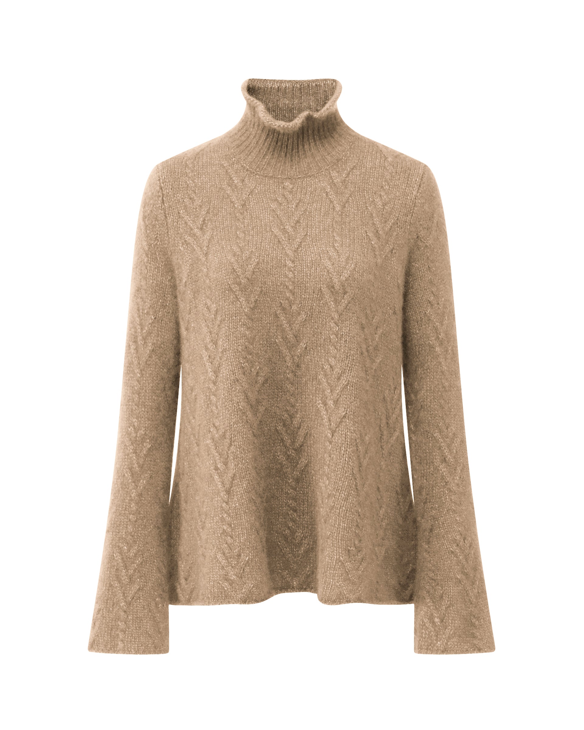 Damen Pullover aus 75 % Kaschmir und 25 % Seide in Warm Sand – Pullover mit klassischem Zopfmuster in mittelschwerer Qualität und figurbetonter A-Linien-Silhouette. Der schmale, hohe Kragen mit Rollkante sowie die langen, ausgestellten Ärmel verleihen dem Modell eine feminine und elegante Ausstrahlung.