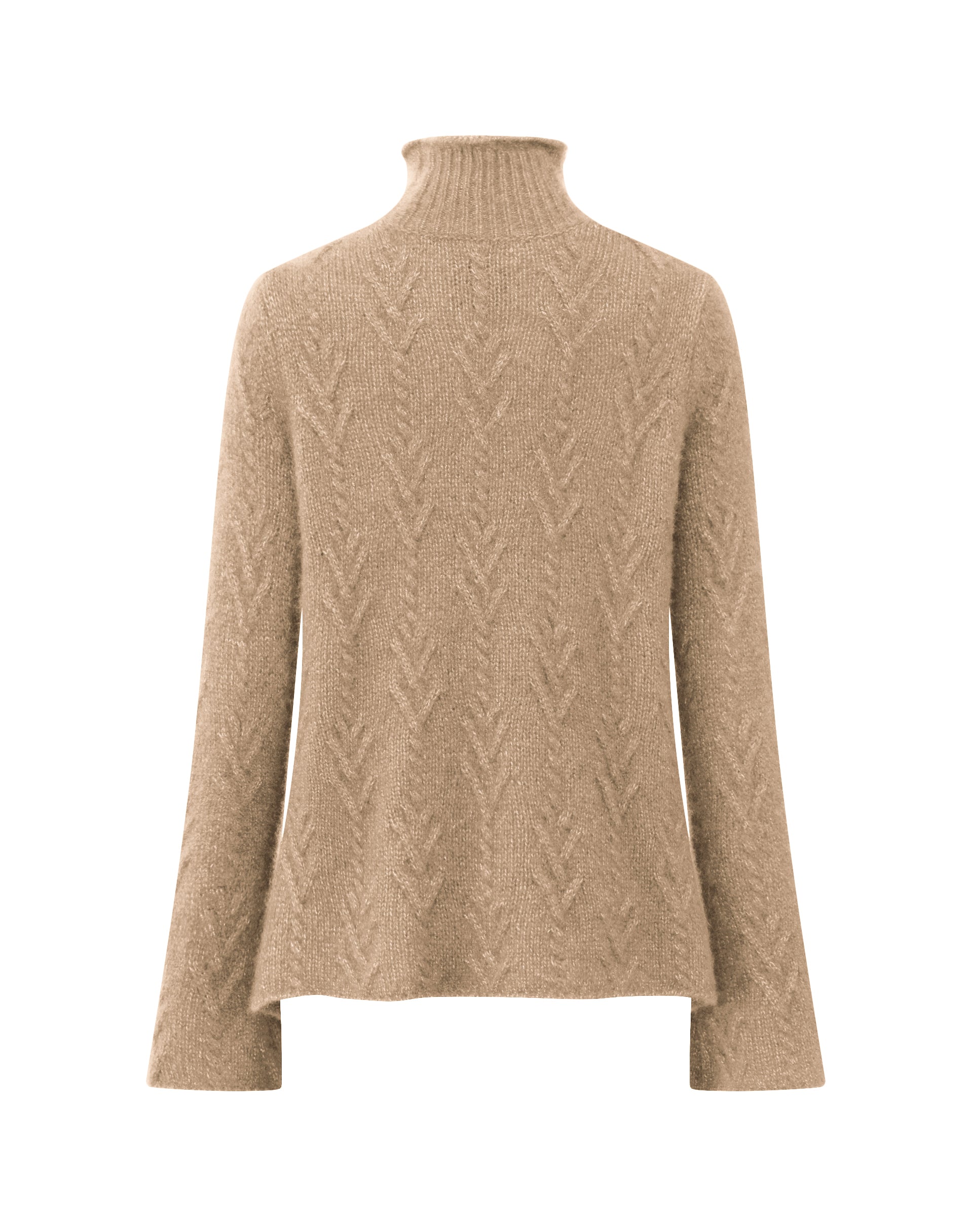 Damen Pullover aus 75 % Kaschmir und 25 % Seide in Warm Sand – Pullover mit klassischem Zopfmuster in mittelschwerer Qualität und figurbetonter A-Linien-Silhouette. Der schmale, hohe Kragen mit Rollkante sowie die langen, ausgestellten Ärmel verleihen dem Modell eine feminine und elegante Ausstrahlung.