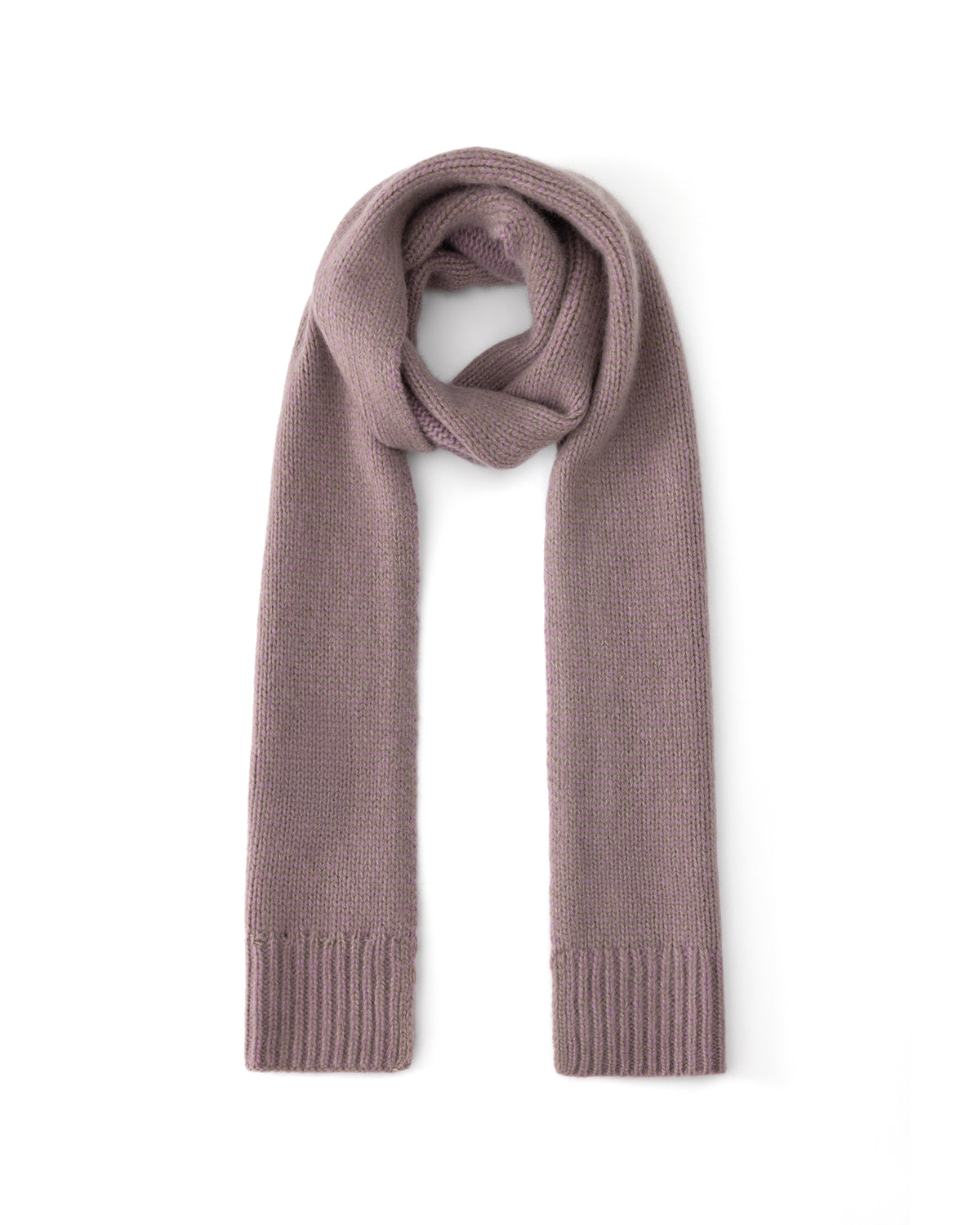 Schal aus 75% Kaschmir, 25% Seide in Twine Lilac – Glatt gestrickter Schal mit Saumabschluss in Rippstruktur.