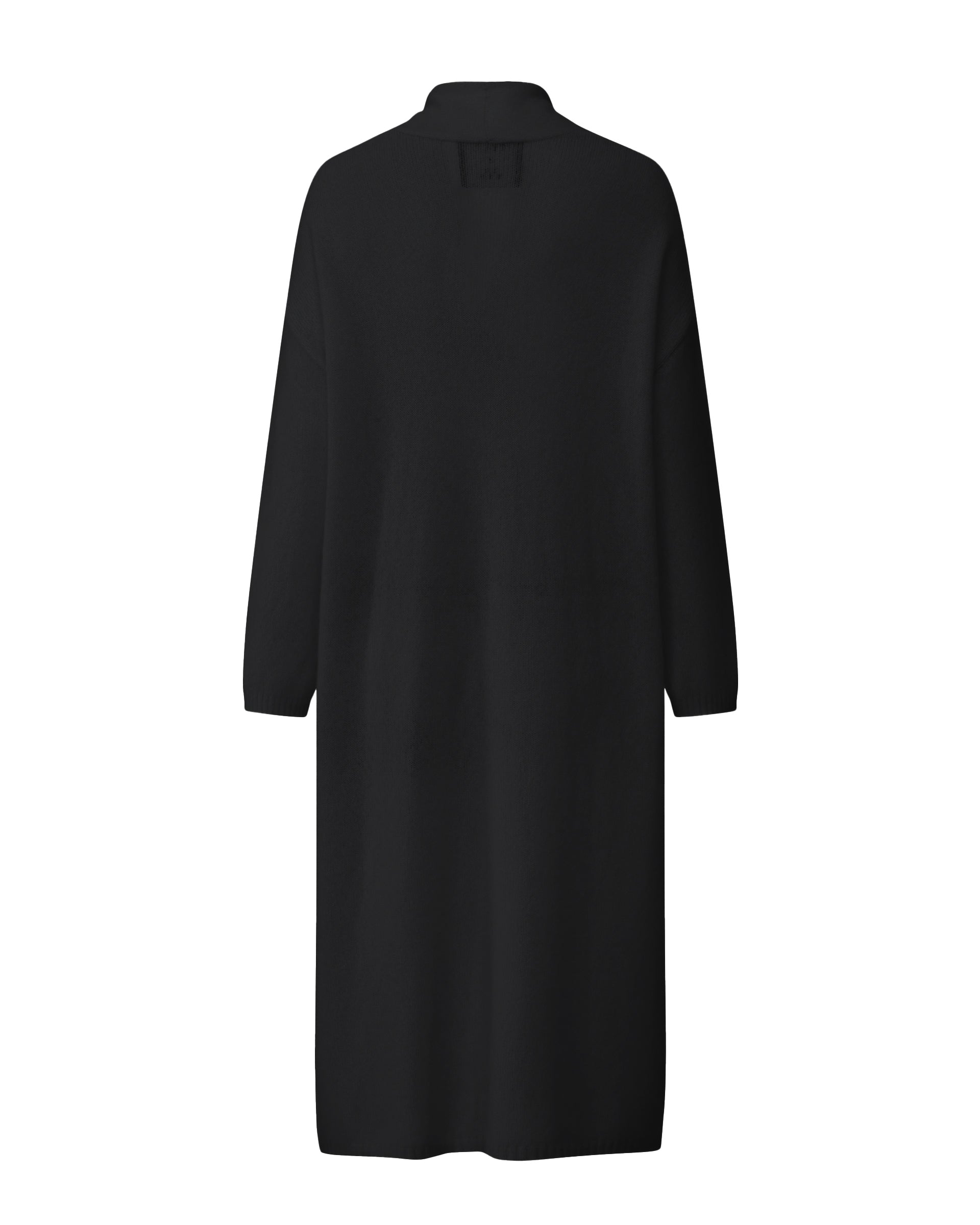 Damen Strickmantel in black (schwarz) aus Kaschmir-Seide – glatt und leicht gestrickt, relaxte Passform, überschnittene Schultern, lange relaxte Ärmel mit Rippbündchen, Saum in Rippstruktur und langer Gürtel.