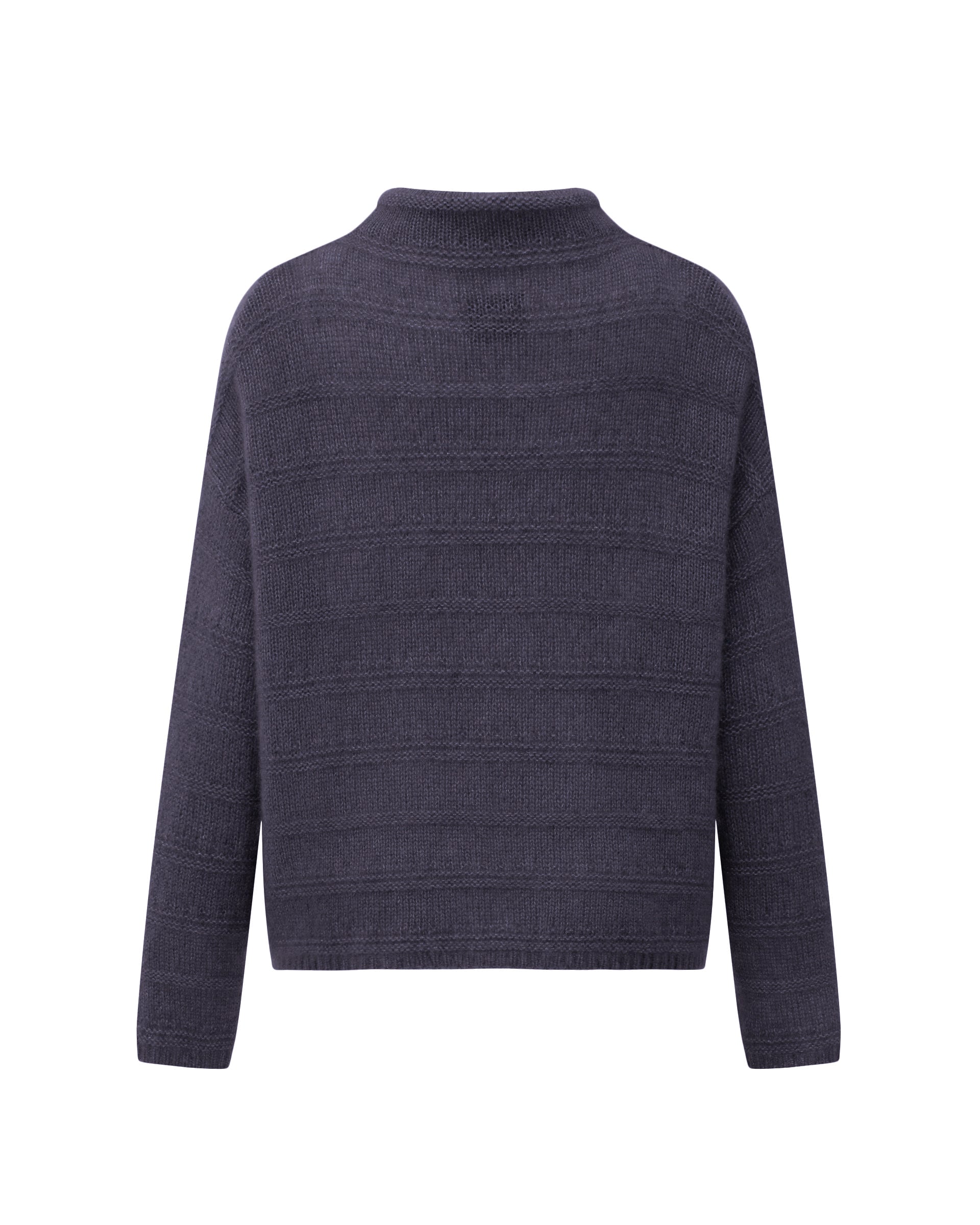 Damen Pullover aus 75 % Kaschmir und 25 % Seide in Graphite Grey – glatt und links gestrickter Pullover mit Streifenmuster in mittelschwerer Qualität und oversized Passform. Das Modell verfügt über einen Stehkragen, eine überschnittene Schulter sowie lange, schmale Ärmel und überzeugt mit einer modernen, entspannten Silhouette.