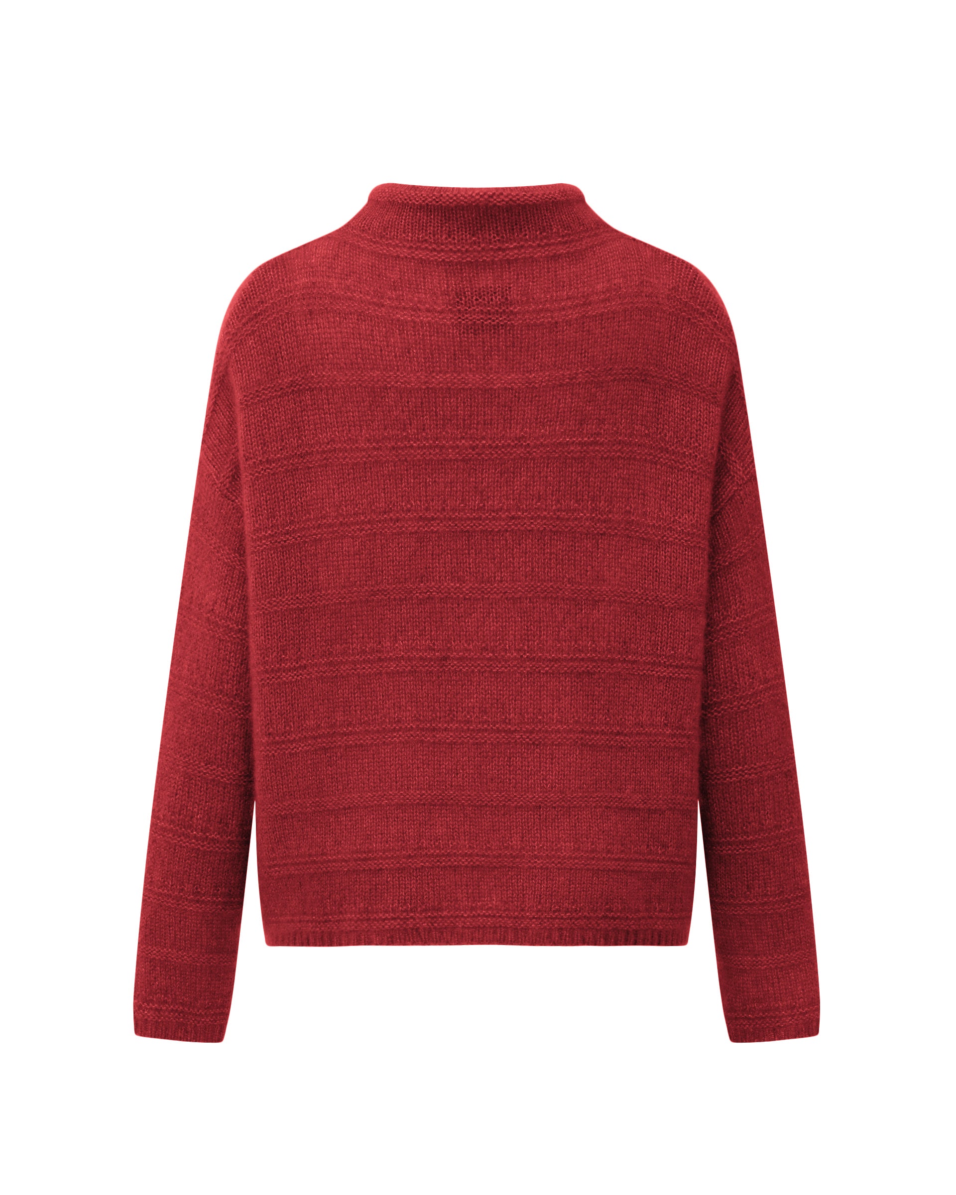 Damen Pullover aus 75 % Kaschmir und 25 % Seide in Royal Garnet – glatt und links gestrickter Pullover mit Streifenmuster in mittelschwerer Qualität und oversized Passform. Das Modell verfügt über einen Stehkragen, eine überschnittene Schulter sowie lange, schmale Ärmel und überzeugt mit einer modernen, entspannten Silhouette.
