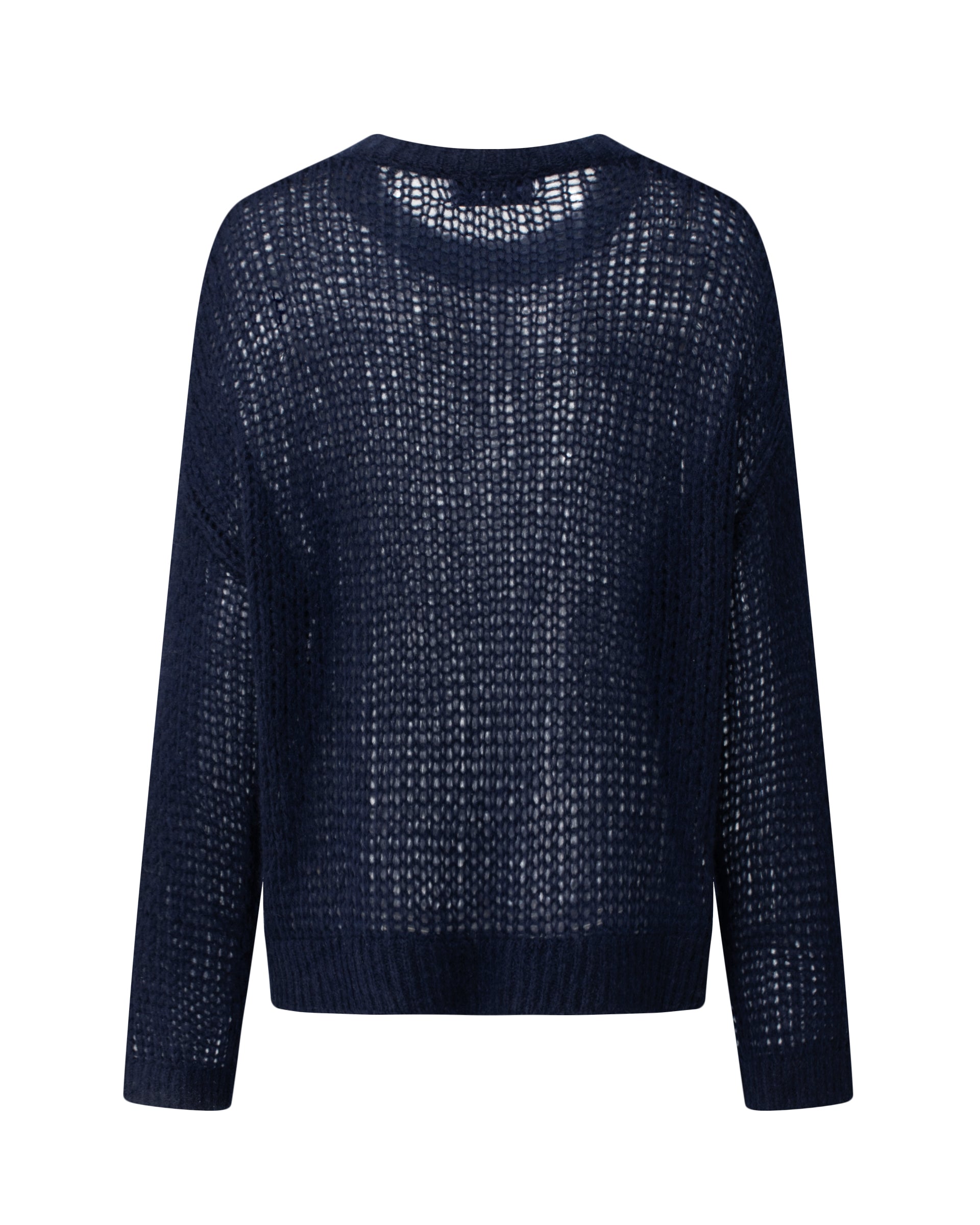 Damen Pullover in french navy (dunkelblau) aus Kaschmir-Seide – grob und locker gestrickt, transparent, oversized Passform, Rundhalsausschnitt mit Rippkragen, überschnittene Schultern, lange weite Ärmel und Rippbündchen an Ärmeln und Saum