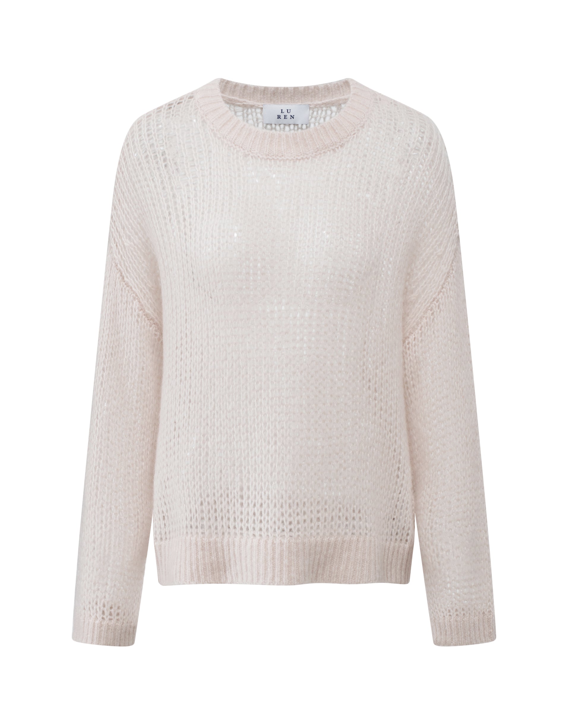 Damen Pullover in misty pink (rosa) aus Kaschmir-Seide – grob und locker gestrickt, transparent, oversized Passform, Rundhalsausschnitt mit Rippkragen, überschnittene Schultern, lange weite Ärmel und Rippbündchen an Ärmeln und Saum