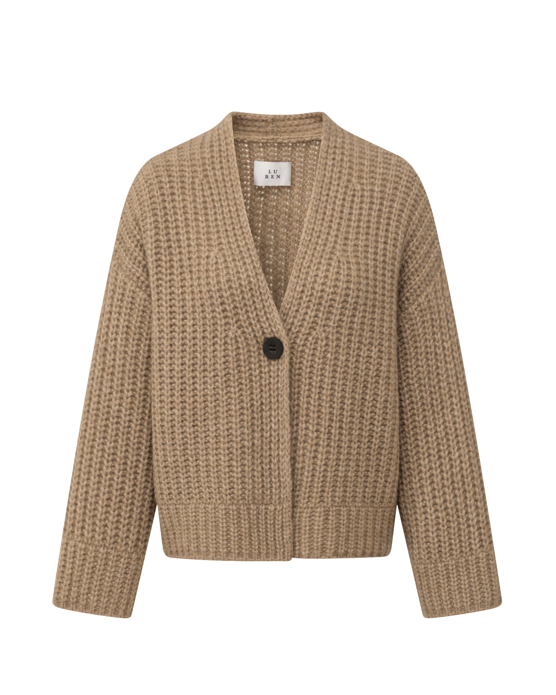 Damen Cardigan aus 75 % Kaschmir und 25 % Seide in Warm Sand – im Halbpatent-Strickmuster gearbeiteter Cardigan in grober Strickqualität mit oversized Passform in kurzer, weiter Silhouette. Das Modell verfügt über eine überschnittene Schulter, lange, weite Ärmel sowie einen einzelnen Knopf aus waschbarem Leder als Verschlussdetail.