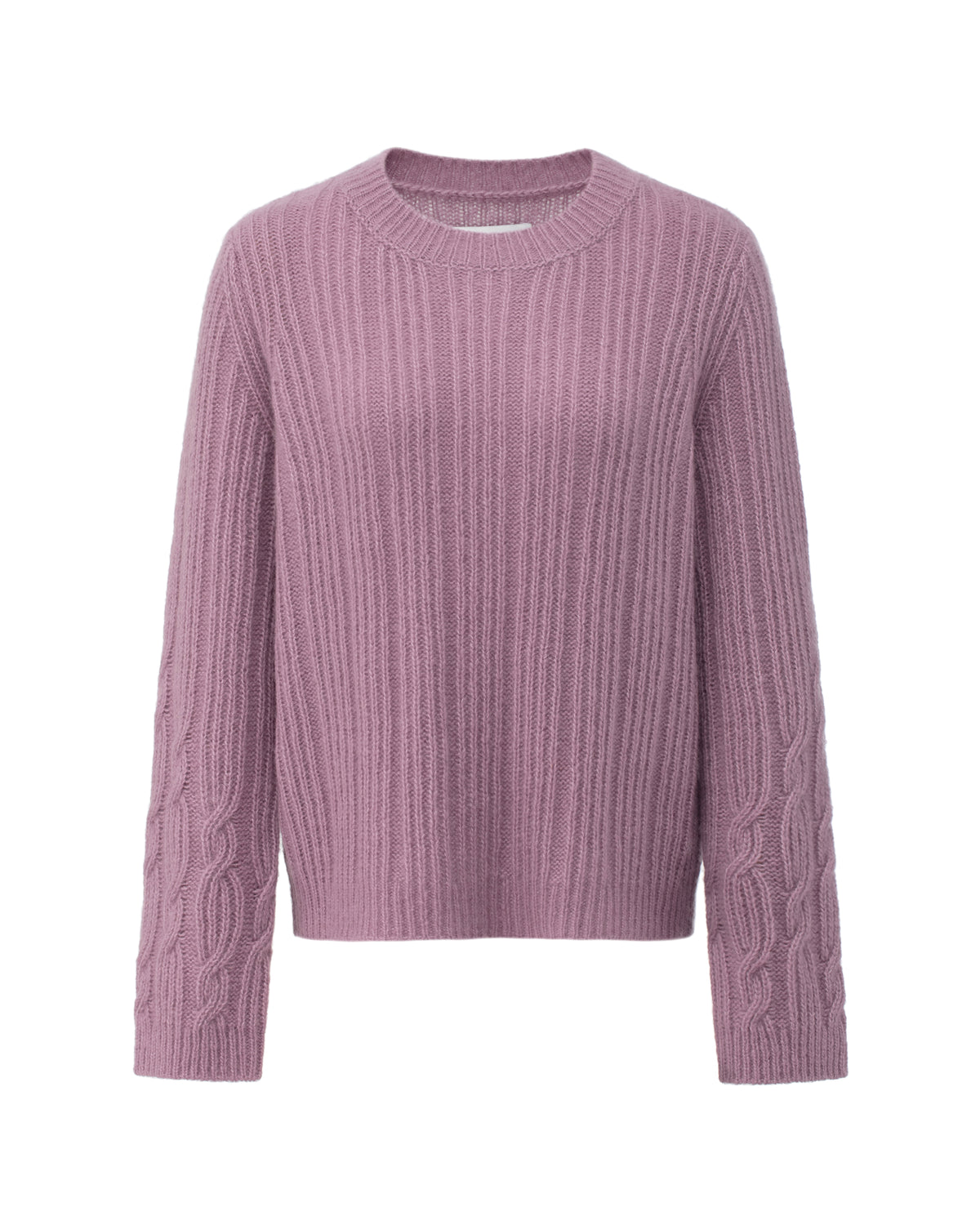 Damen Pullover aus 75% Kaschmir, 25% Seide in Lilac Mist – Pullover aus geripptem Strick mit Zopfmuster an den Ärmeln, Rundhalsausschnitt und langen, geraden Ärmeln.