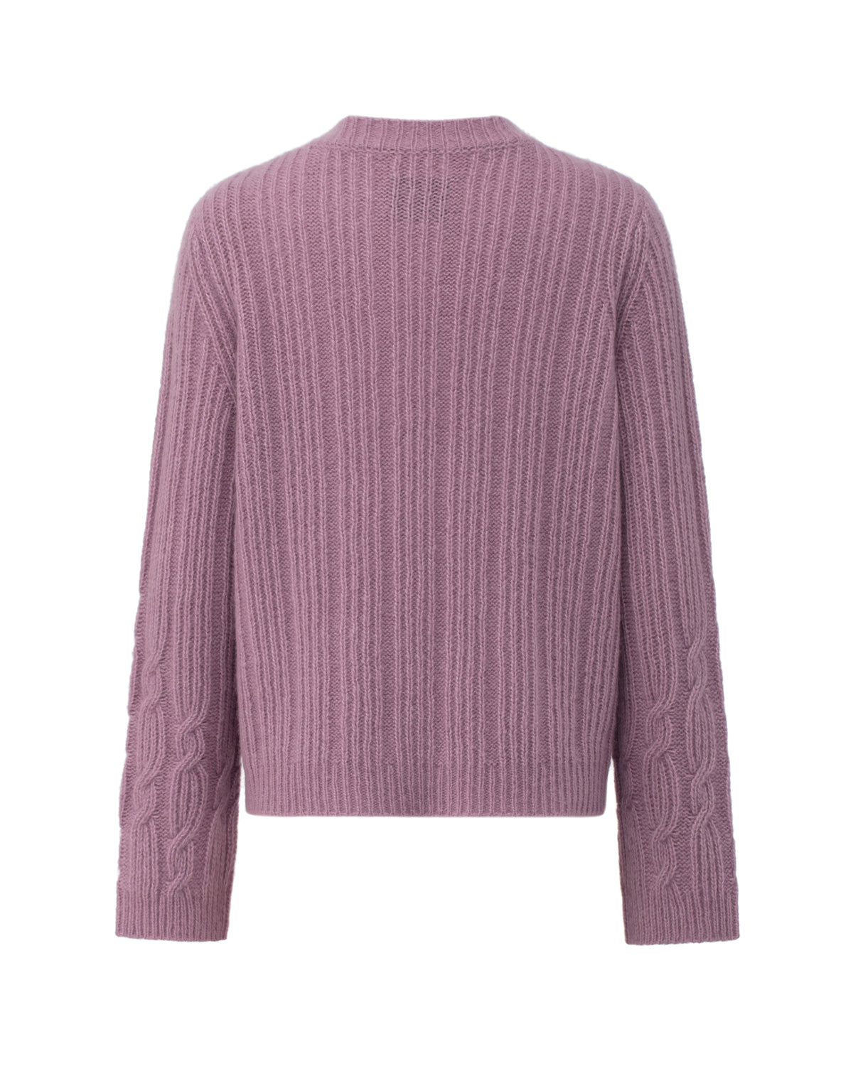 Damen Pullover aus 75% Kaschmir, 25% Seide in Lilac Mist – Pullover aus geripptem Strick mit Zopfmuster an den Ärmeln, Rundhalsausschnitt und langen, geraden Ärmeln.