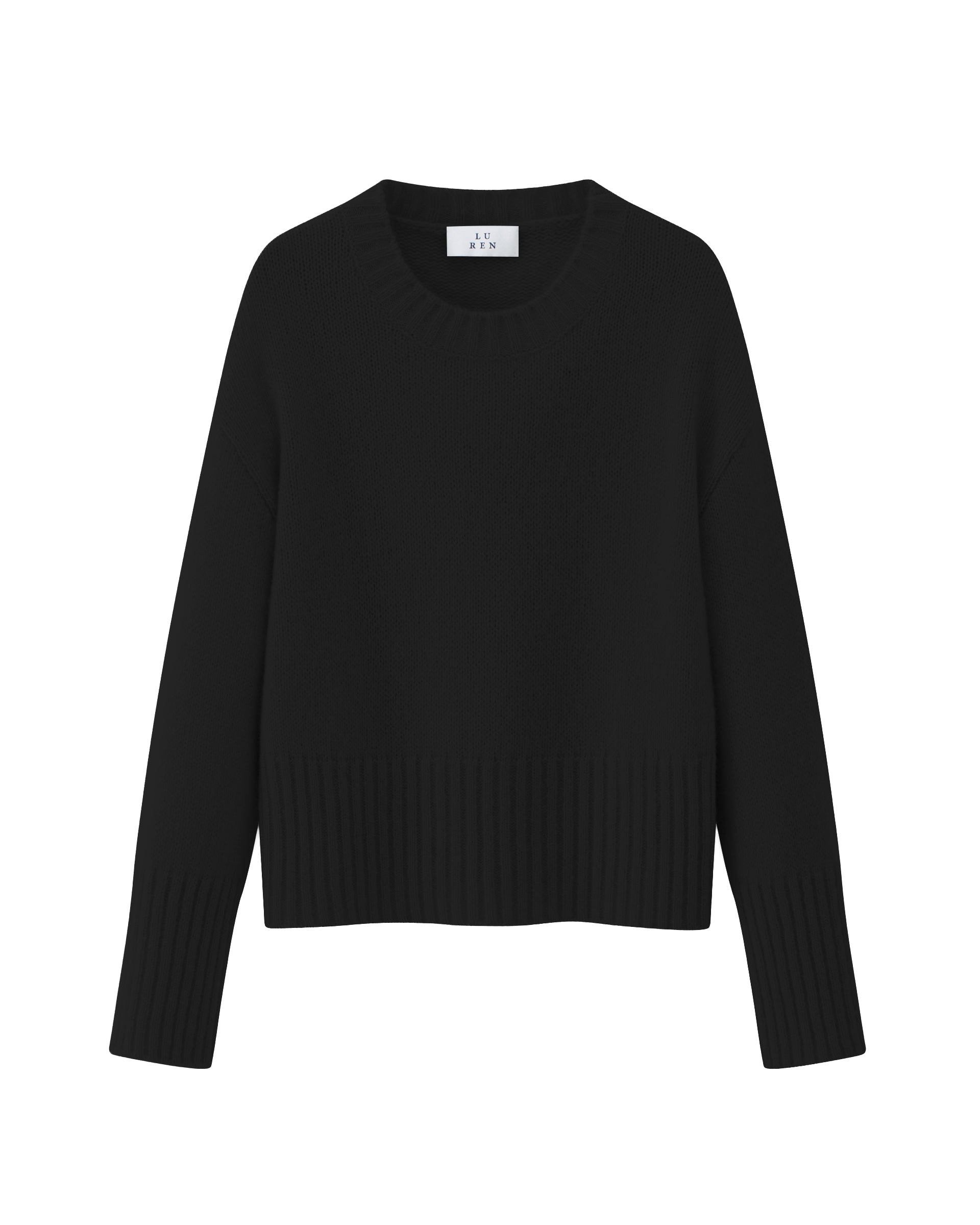Damen Pullover in black (schwarz) aus Kaschmir-Seide – mittelschwerer Strick mit kurzer, breiter Passform, Rundhalsausschnitt und relaxten Ärmeln