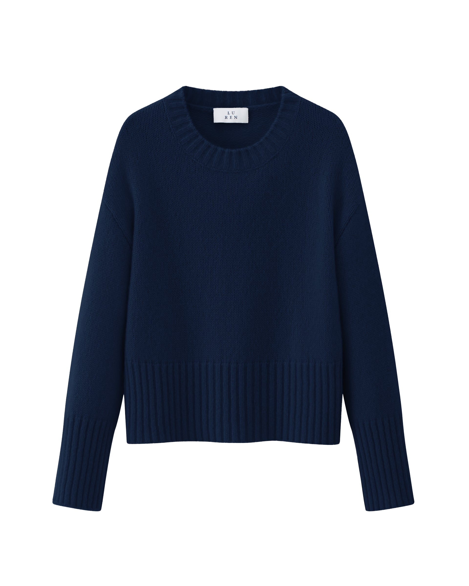 Damen Pullover in French Navy (dunkelblau) aus Kaschmir-Seide – mittelschwerer Strick mit kurzer, breiter Passform, Rundhalsausschnitt und relaxten Ärmeln