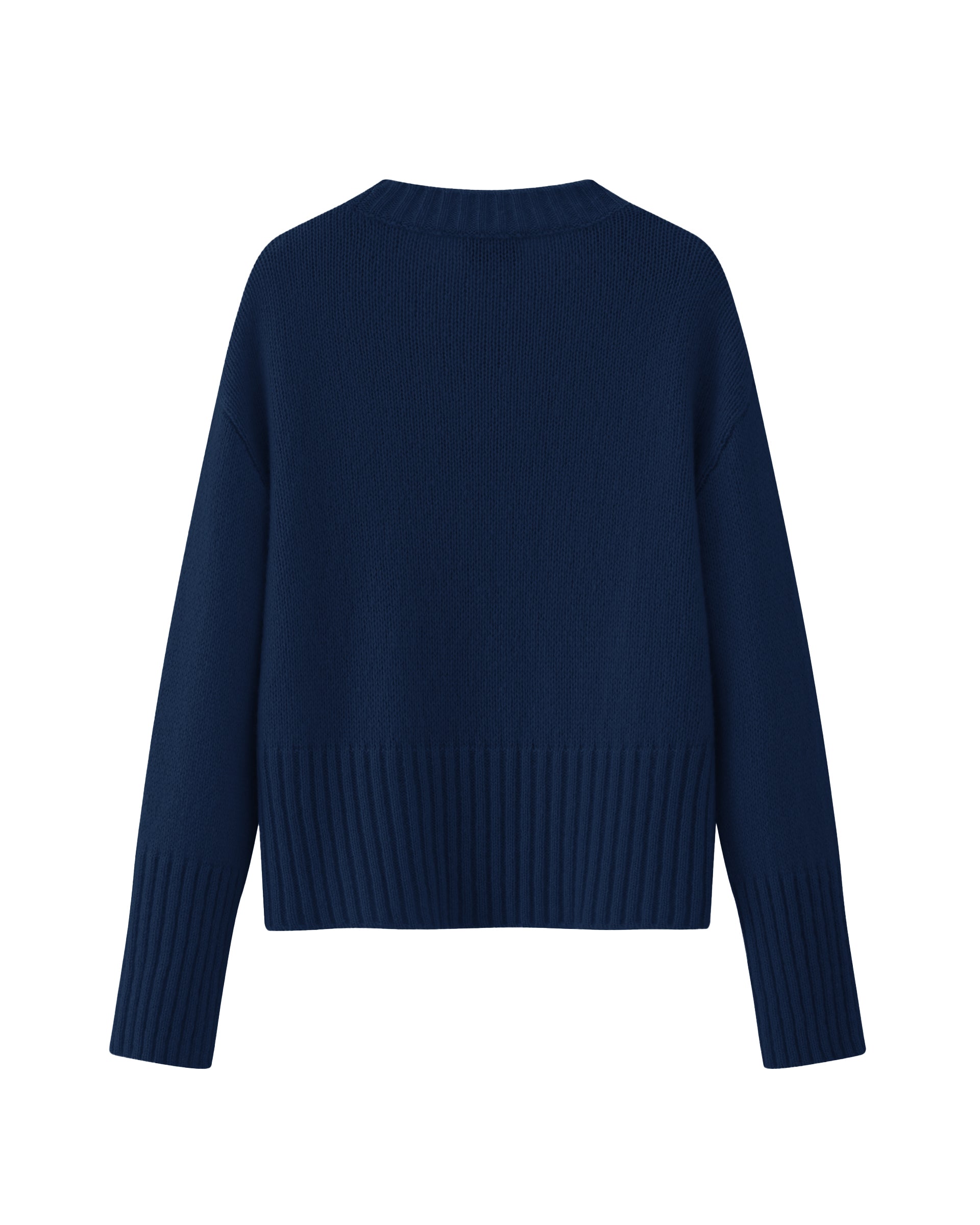 Damen Pullover in French Navy (dunkelblau) aus Kaschmir-Seide – mittelschwerer Strick mit kurzer, breiter Passform, Rundhalsausschnitt und relaxten Ärmeln