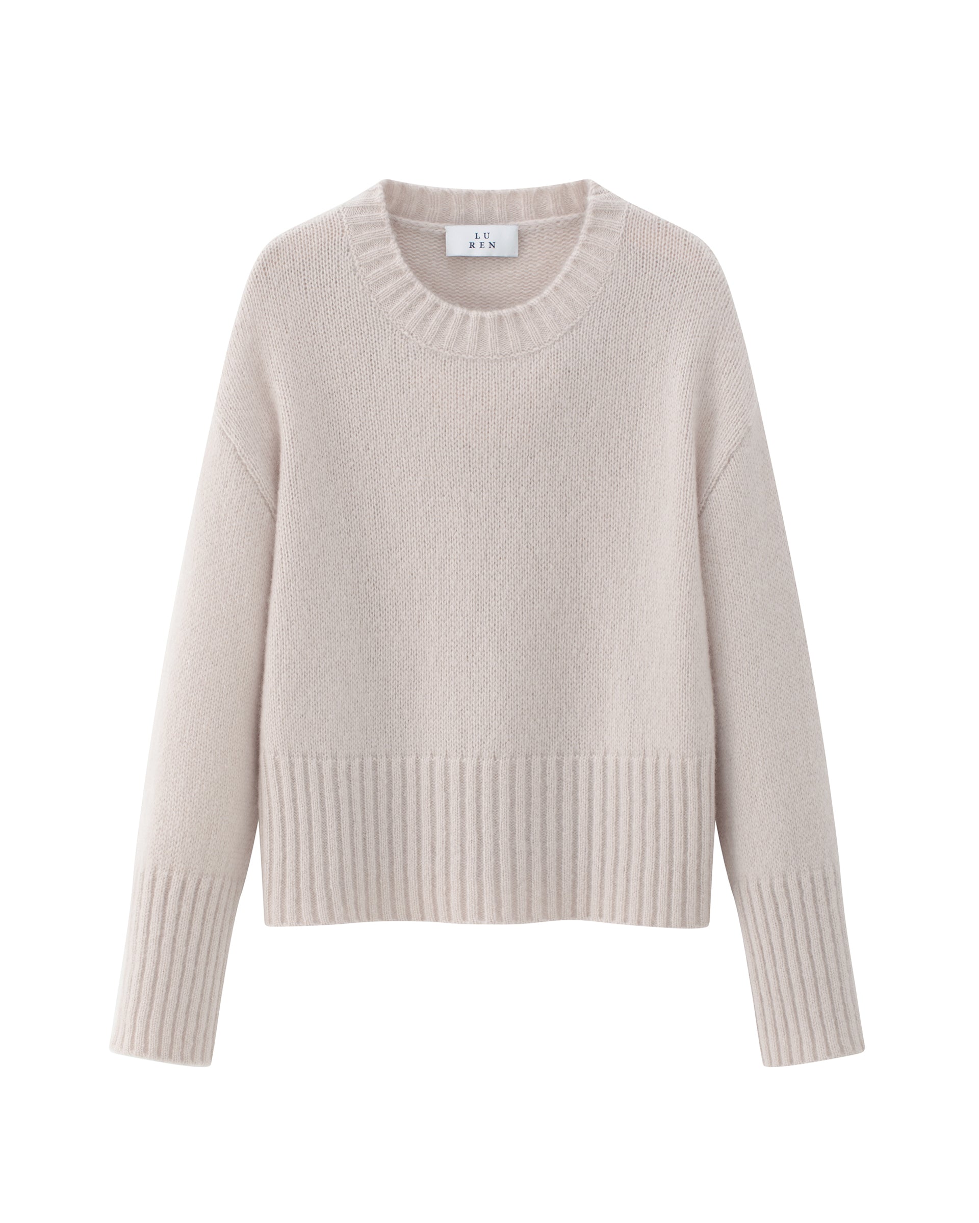 Damen Pullover in Misty Pink (hellrosa) aus Kaschmir-Seide – mittelschwerer Strick mit kurzer, breiter Passform, Rundhalsausschnitt und relaxten Ärmeln