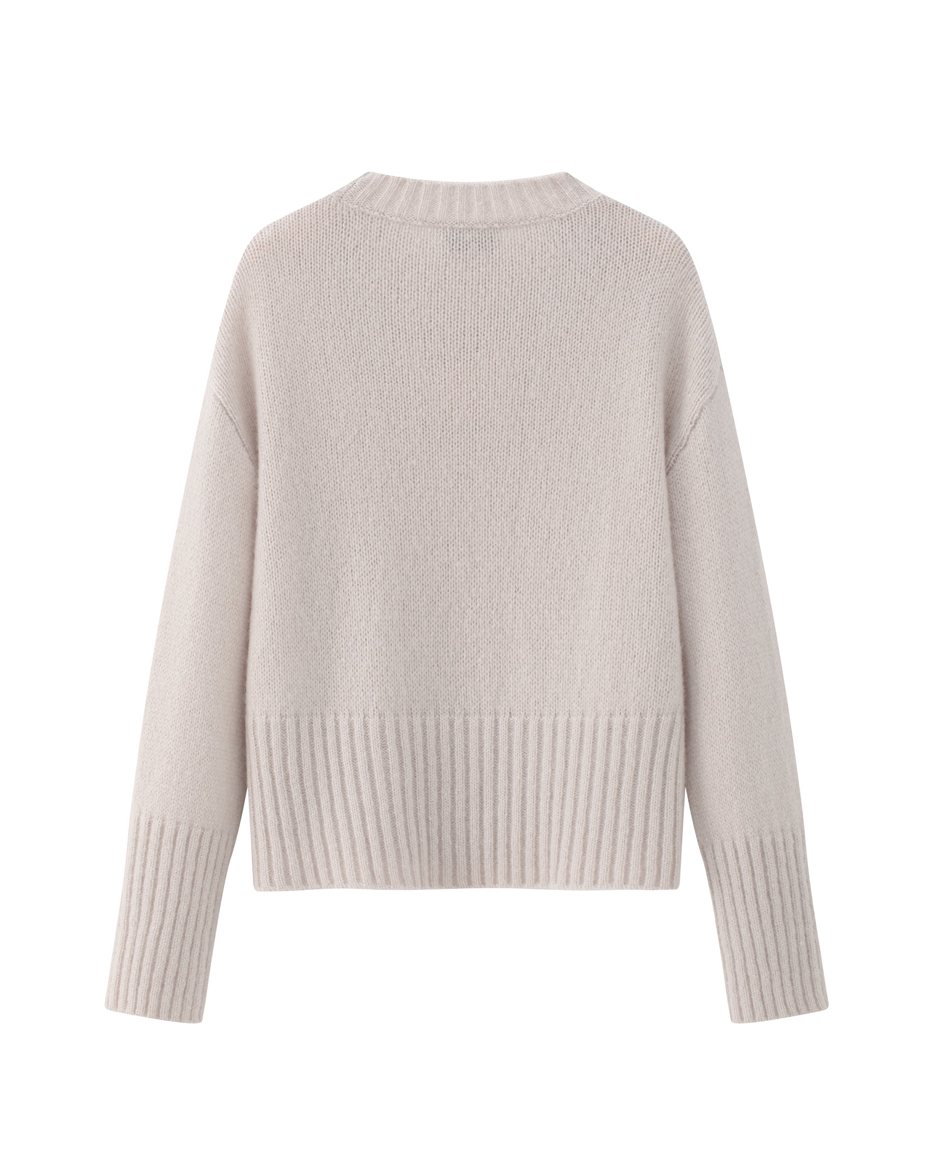 Damen Pullover in Misty Pink (hellrosa) aus Kaschmir-Seide – mittelschwerer Strick mit kurzer, breiter Passform, Rundhalsausschnitt und relaxten Ärmeln