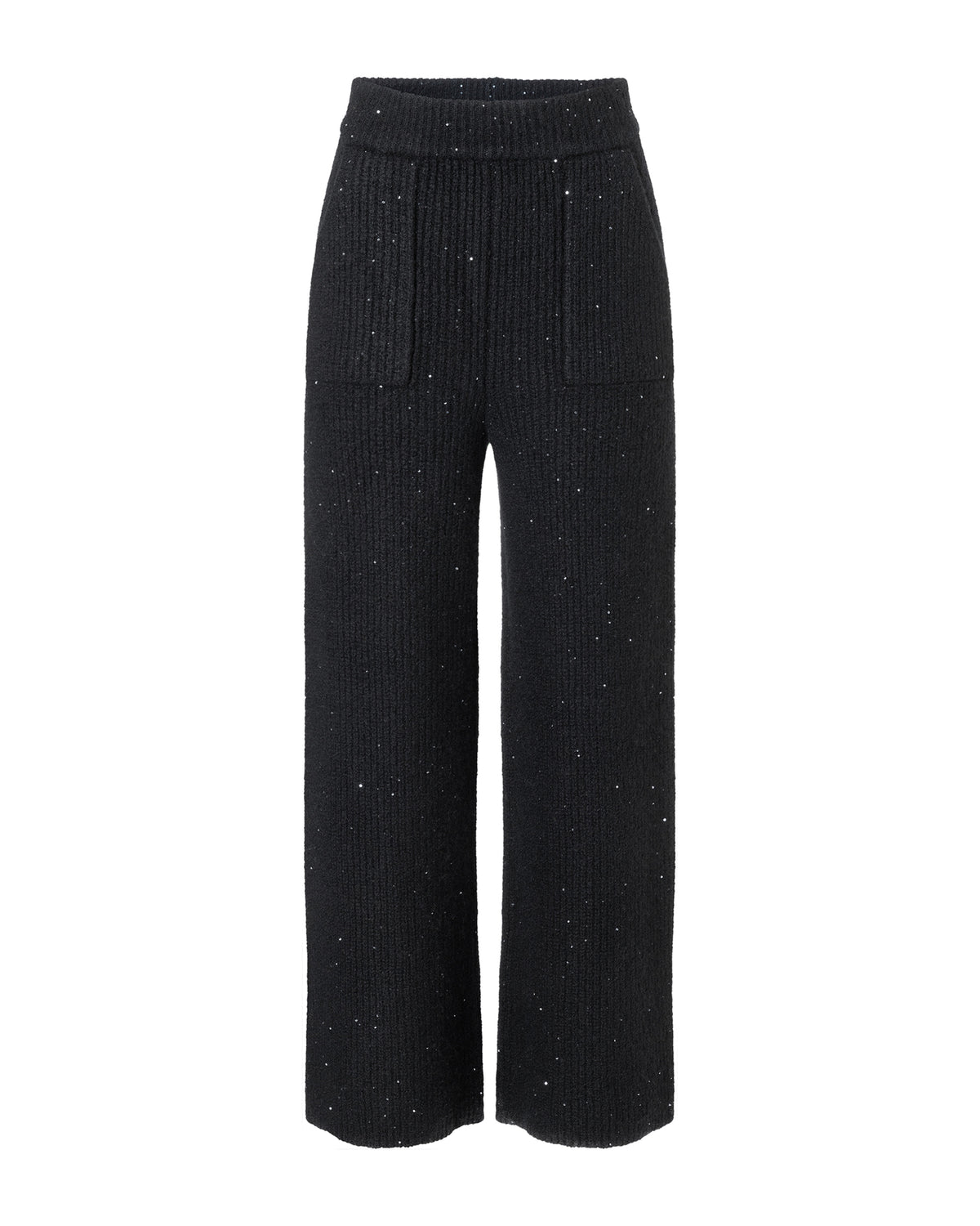 Damen Hose aus 56% Kaschmir, 28% Baumwolle, 12% Polyamid, 2% Pailletten, 2% Elastan in Black – Rock aus Rippstrick mit eingearbeiteten Pailletten, elastischem Bund und aufgesetzten Taschen.