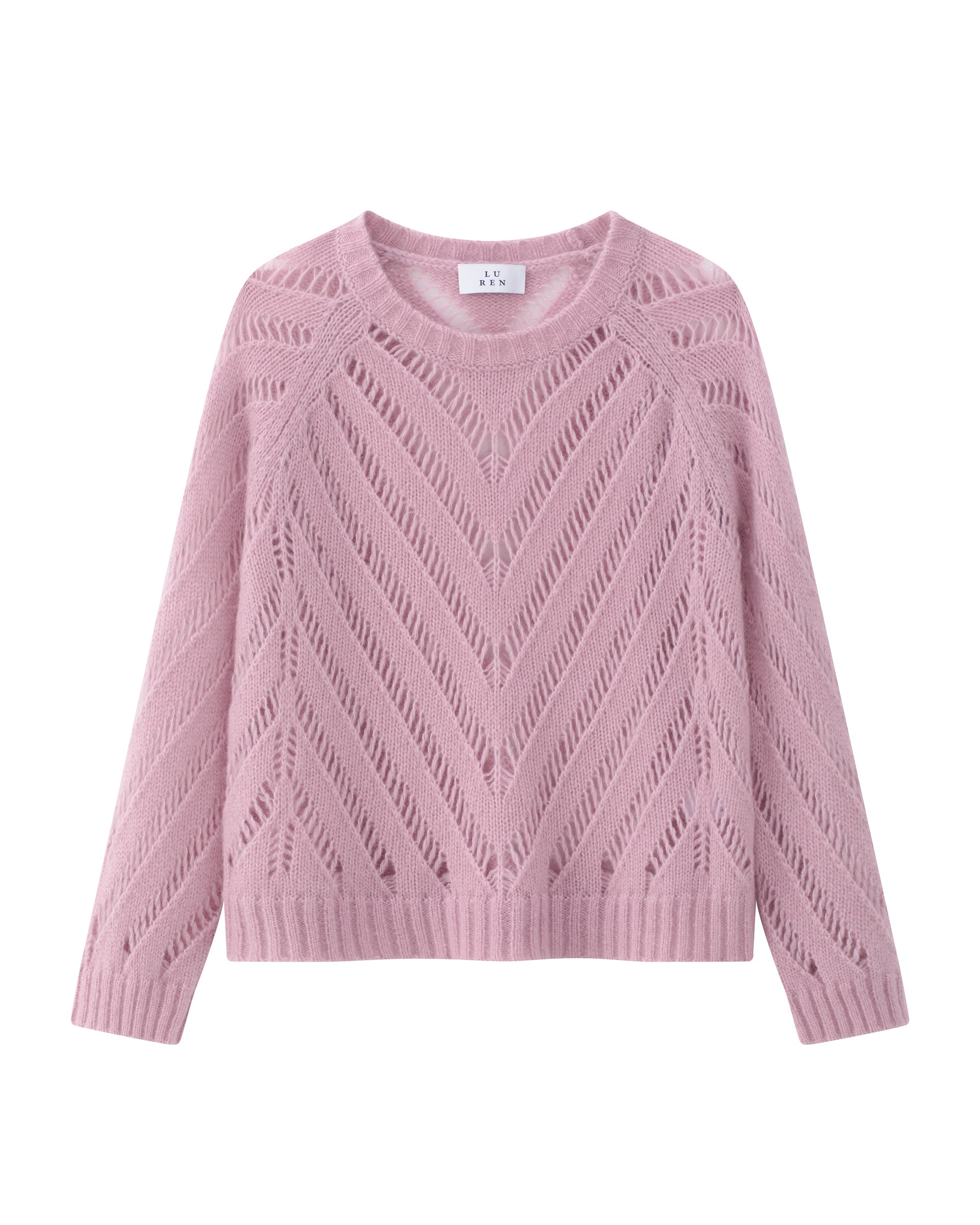 Damen Pullover aus 75 % Kaschmir und 25 % Seide in light raspberry (rosa) – Grafisches, durchsichtiges Lochstrickmuster mit 
Langen geraden Ärmeln. 