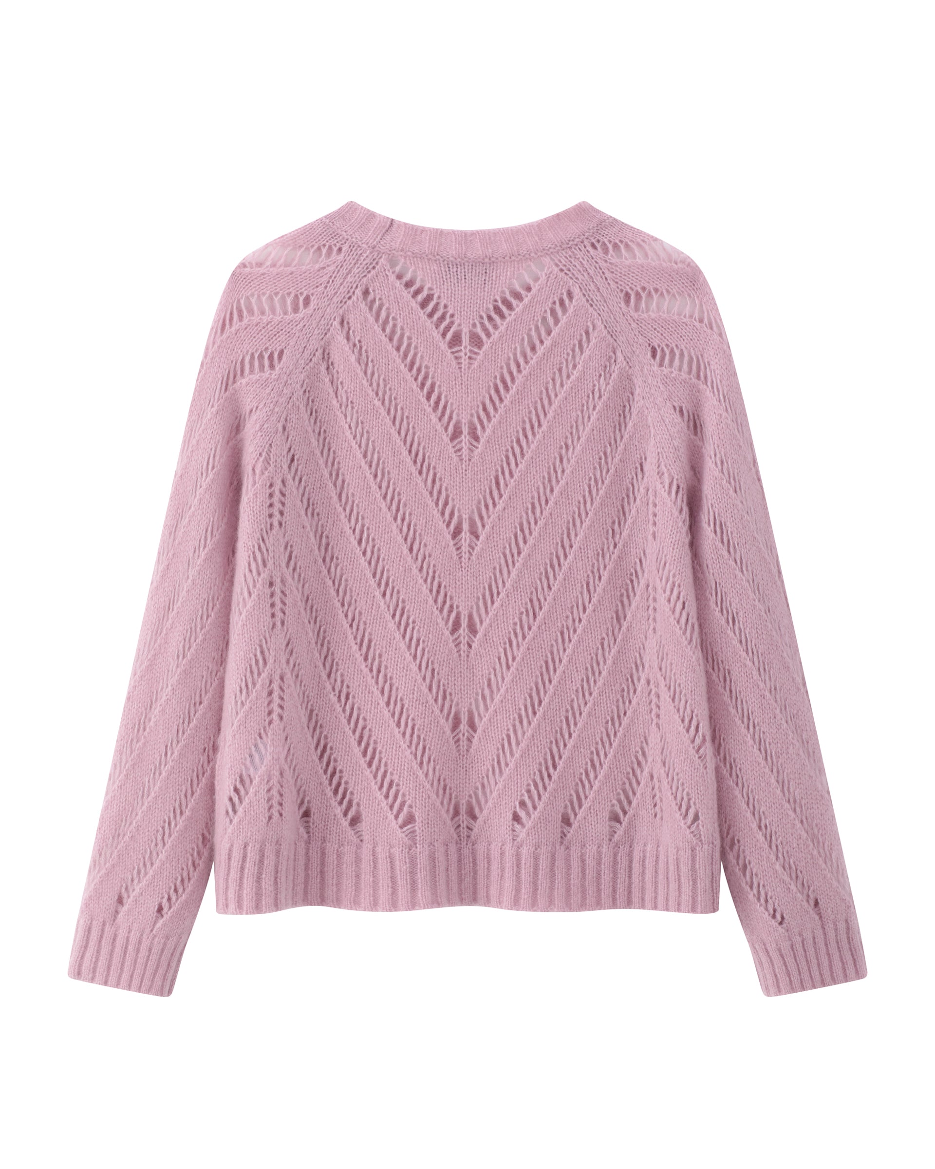 Damen Pullover aus 75 % Kaschmir und 25 % Seide in light raspberry (rosa) – Grafisches, durchsichtiges Lochstrickmuster mit 
Langen geraden Ärmeln. 