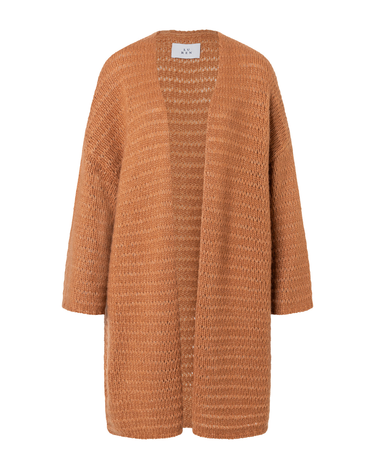 Damen Cardigan aus 75% Kaschmir, 25% Seide in Golden Tan – Locker fallender Cardigan in Oversized-Passform mit überschnittenen Schultern und langen, relaxten Ärmeln.