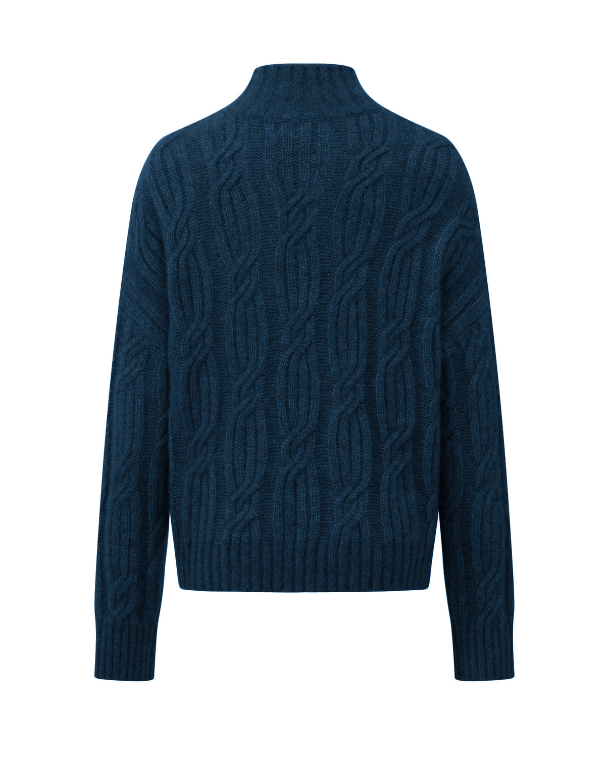 Damen Pullover aus 75 % Kaschmir und 25 % Seide in Midnight Teal – Pullover mit Zopfmuster in mittelschwerer Strickqualität und lockerer Passform, Rundhalsausschnitt mit hohem Stehkragen in Rippstruktur, überschnittener Schulterform sowie langen, relaxten Ärmeln. Ärmelbündchen und Saum sind in Rippstruktur gearbeitet und verleihen dem Modell einen markanten, zeitlosen Look.

